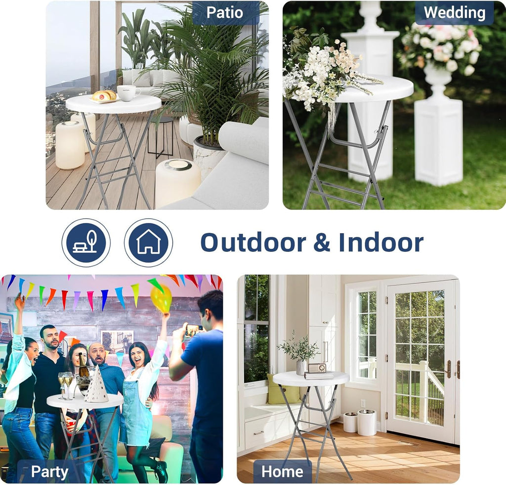 Byliable Cocktail Table 28in Folding Round High Top Indoor Outdoor with Removable Legs, Tall Bistro Foldable Bar Height Table for Parties, Patio, Backyard, Dining, Wedding, White- 2PCS