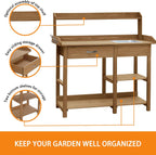 MUPATER Potting Bench Garden Table for Outdoors with Removable Stainless Sink, Planting Work Bench with Storage Shelves and Drawer, Natural Wood