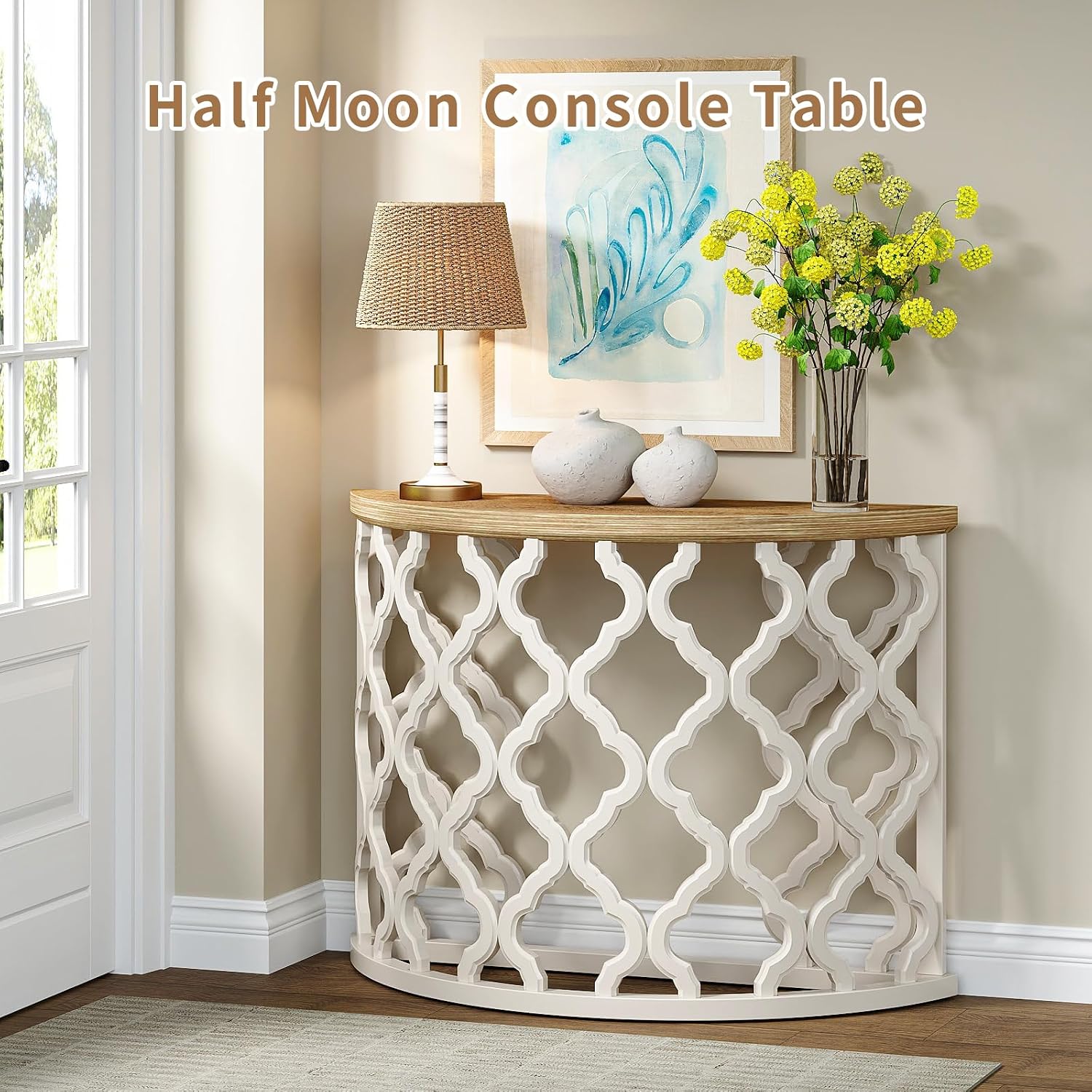 karlott Half Moon Console Table, 43.3" Solid Wood Veneer Tabletop Farmhouse Halfmoon Entryway Table, Painted, Sofa Behind the Couch Table, Half Circle Table for Living Room, Hallway, Easy Assembly