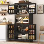 72" Tall Farmhouse Kitchen Pantry Cabinet with LED Light and Power Outlet,Modern Farmhouse Kitchen Storage Cabinet w Load-Bearing Steel Pipe,Barn Doors, Organizer,Food Pantry Cabinets(Black)