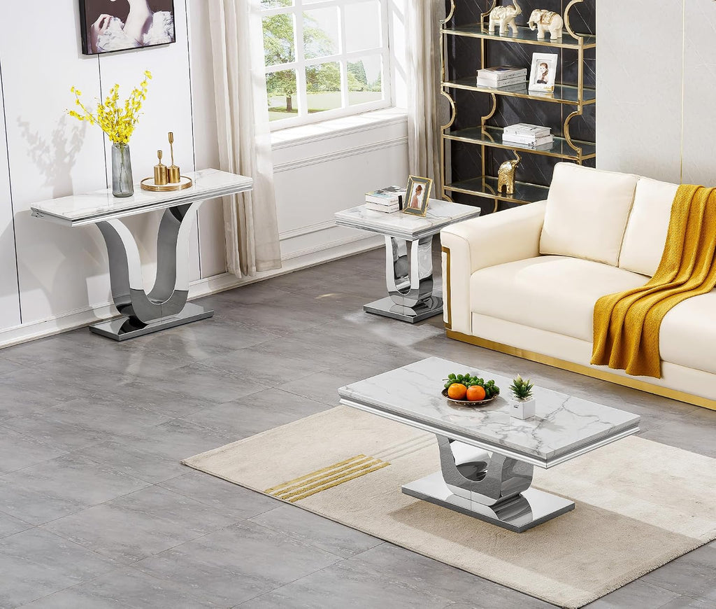 SSLine Modern White Faux Marble Console Table Luxury Entryway Table with Silver Pedestal Base 46.8" Mid-Century Elegant Sofa Table w/Mirrored Stainless Steel Frame for Living Room Hallway
