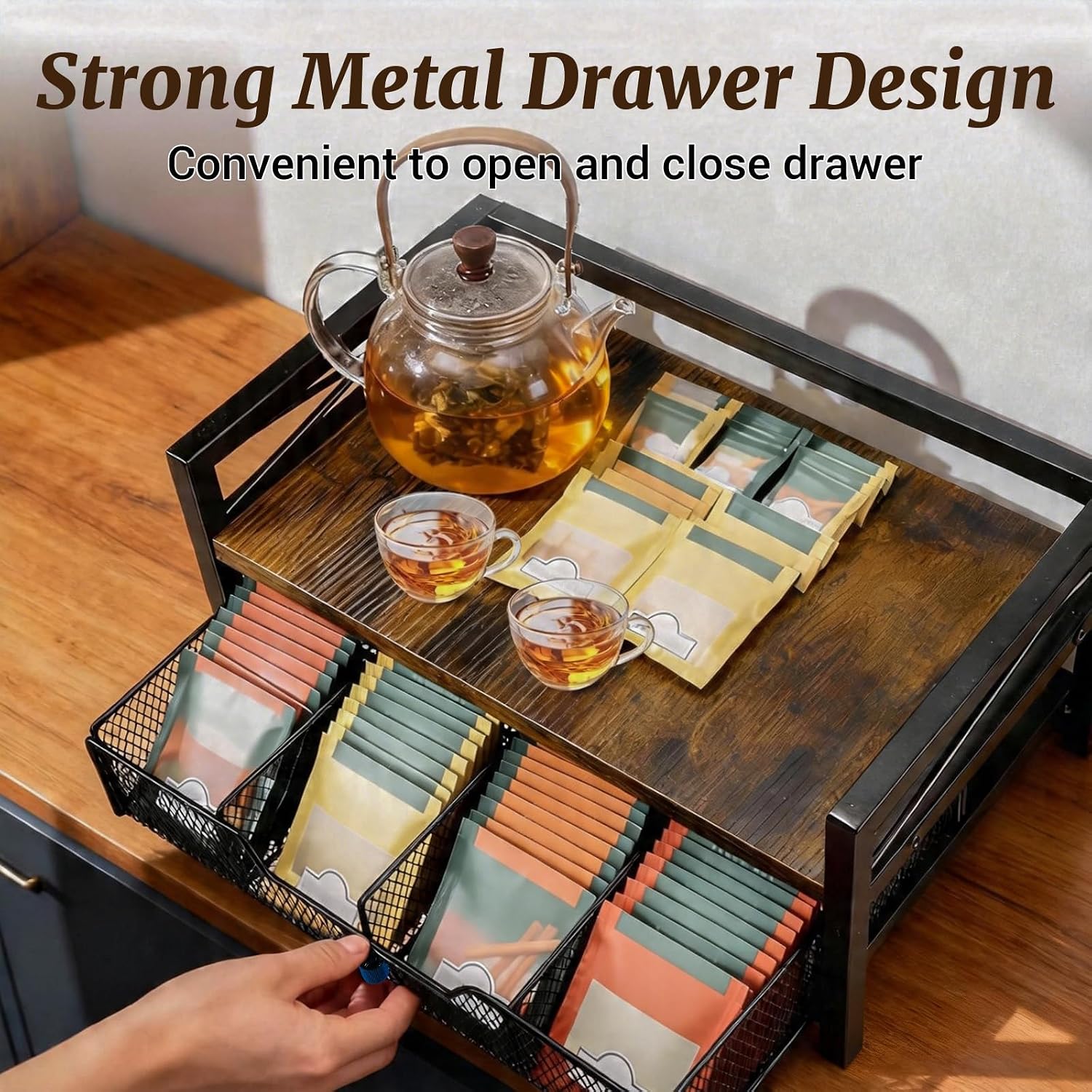 NANXITU Tea Holder Organizer,Wood Tea Box Organizer Storage Box | Tea Caddy for Tea Bags Organizer Drawer,with 8 Compartments Multi-Functional Tea Station Chest for Countertop