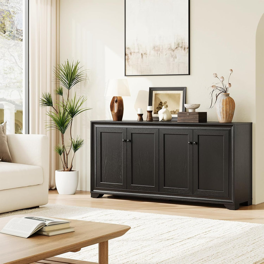 ONBRILL 60" Buffet Cabinet with Storage, 4 Doors Sideboard Buffet Cabinet with Adjustable Shelves, Modern Coffee Bar Console Table for Living Room, Kitchen, Entryway, Black