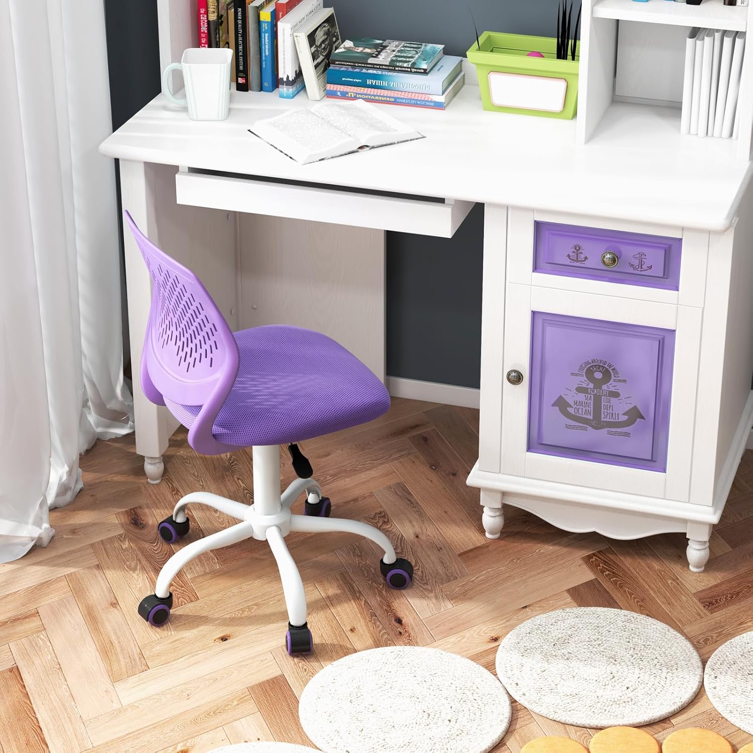 MEDIMALL Kids Desk Chair, Purple Ergonomic Kids Office Chair Ages8-12 w/Lumbar Support, Low-Back Teen Desk Chair for Girls Boys, Small Cute Kids Computer Chair for Bedroom/Study/Vanity Desk