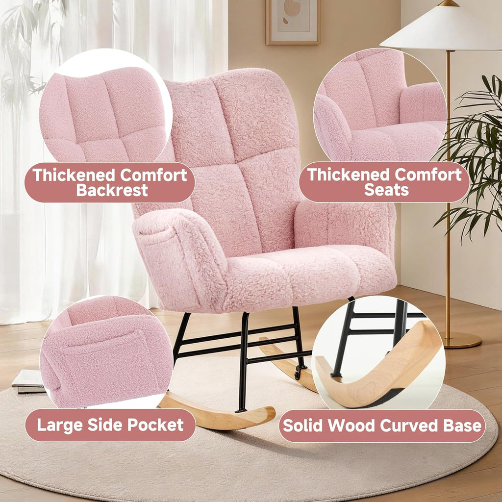 KEEZY Nursery Rocking Chair with Footrest Upholstered Glider Rocker Padded Seat with High Backrest Armchair Comfy Side Chair for Living Room Bedroom Pink Sherpa