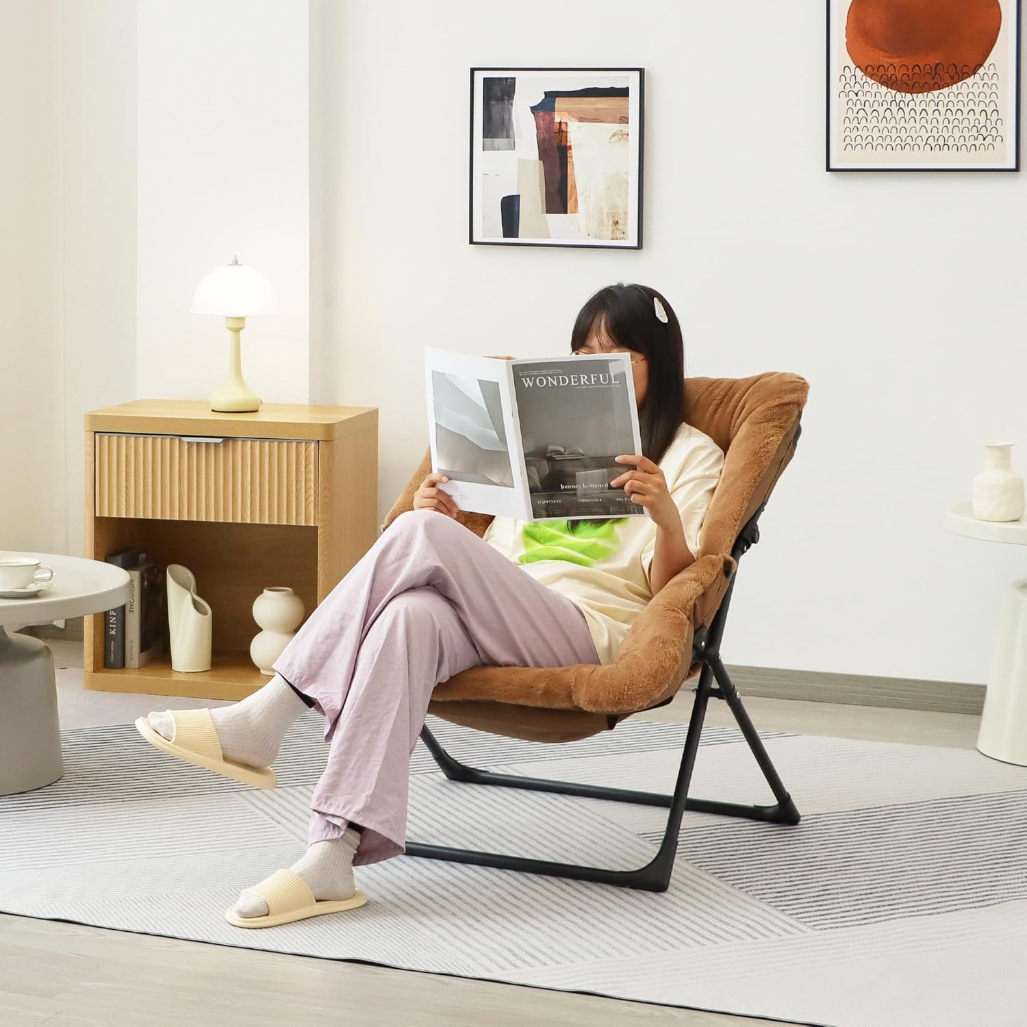 Comfy Saucer Chair for Adults, Set of 2, Soft Faux Fur Bedroom Chair, Accent Dorm Chairs, Flexible Living Room Reading Chairs, Oversized Folding Lounge Seat for Teens, X-Large, Brown