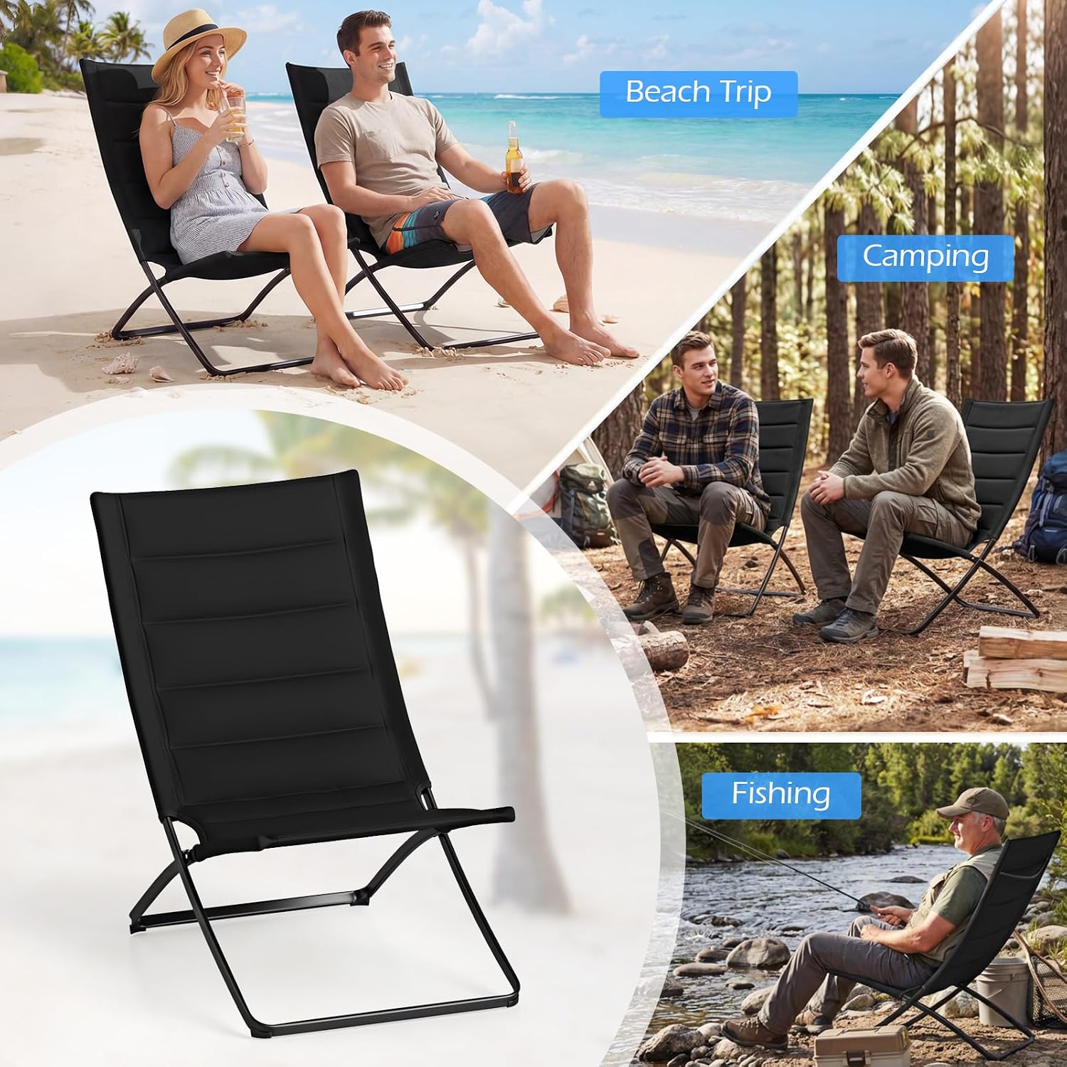 Set of 2 Folding Outdoor Chairs, Portable Padded Sling Lounger for Beach, Garden, Patio, Lawn, Poolside - Comfortable Recliner in Black Black 90 x 57 x 87cm