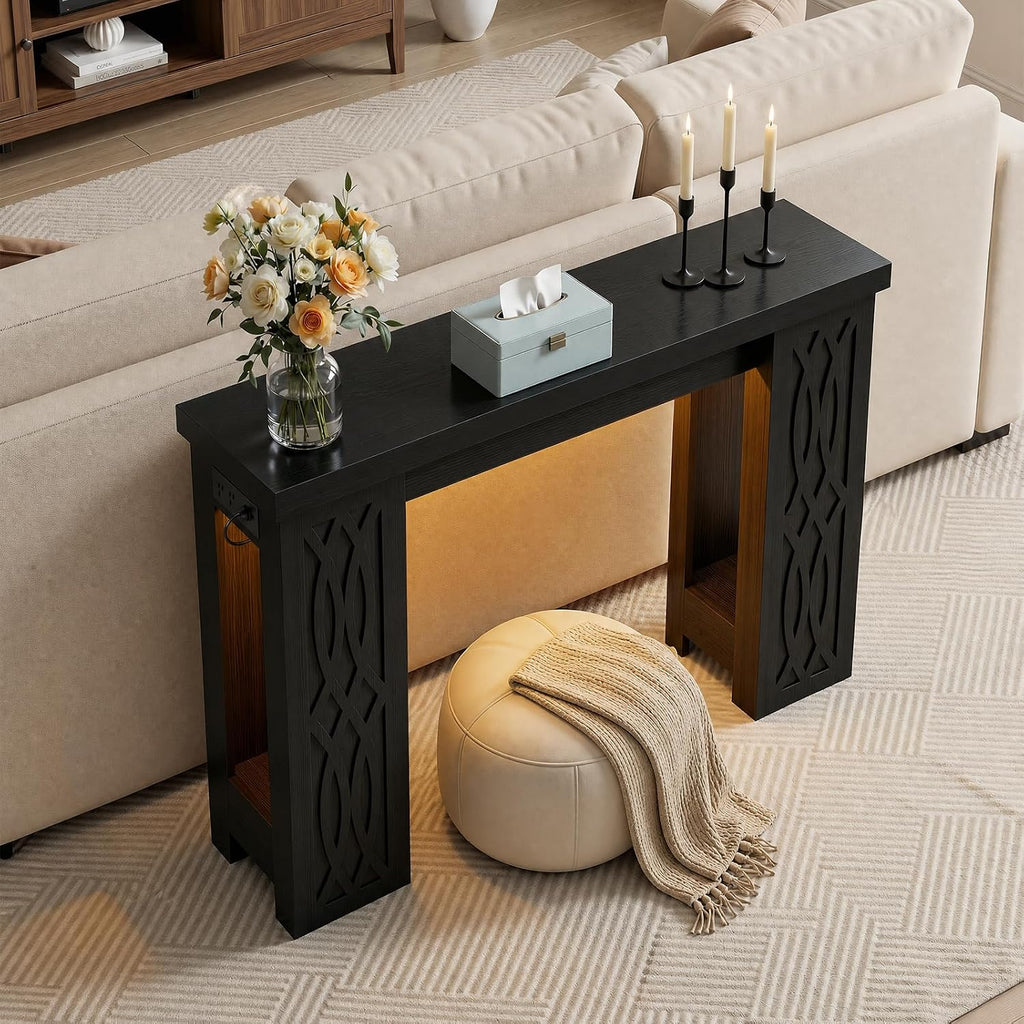 Cyclysio 39" Farmhouse Console Table with Charging Station, Entryway Table with Colorful LED Lights, Wooden Sofa Table with Unique Carved Design, Foyer Accent Table for Entrance, Hallway, Living Room