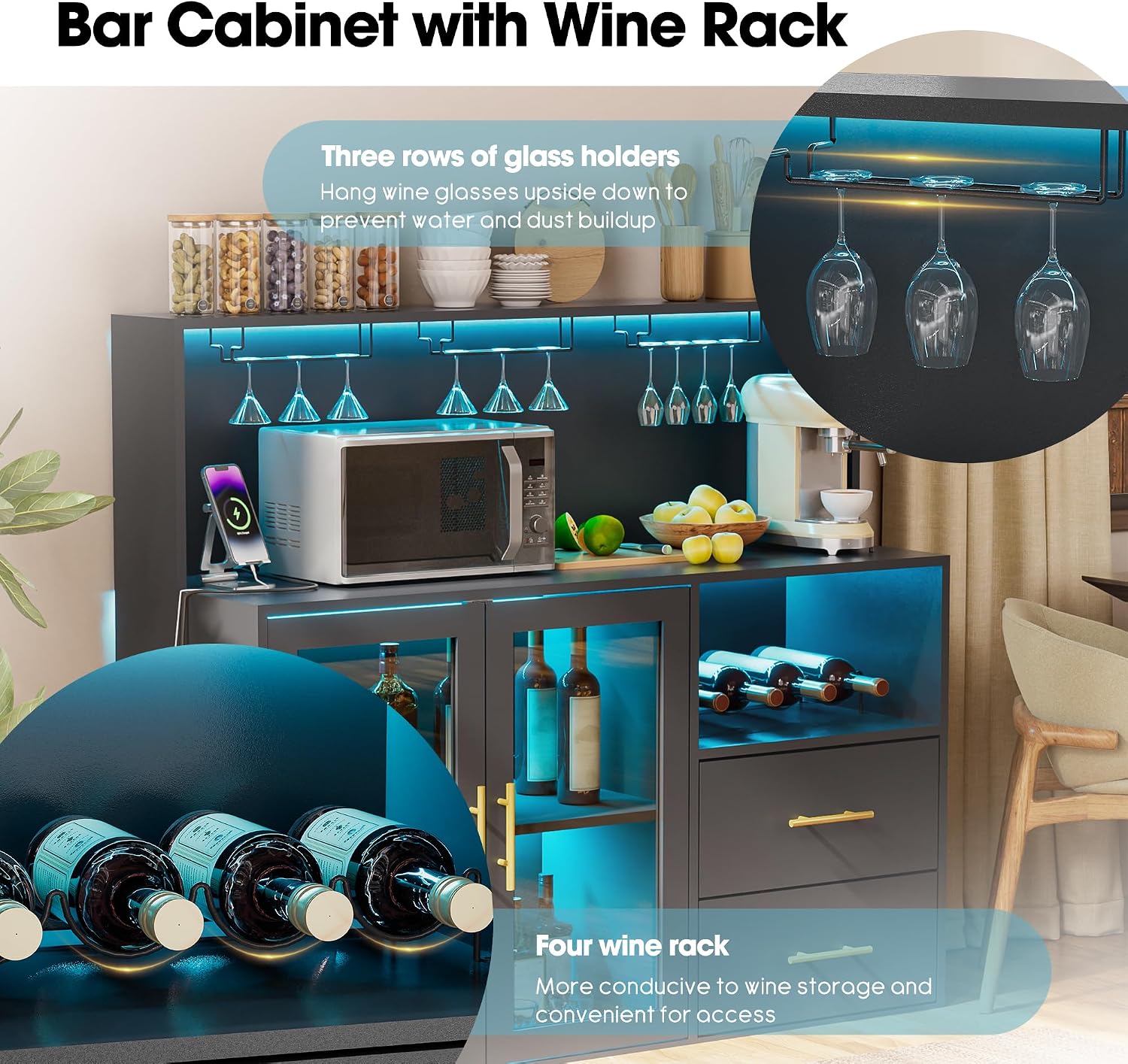 Grepatio Wine Bar Cabinet with RGB Light, Liquor Cabinet with Wine Rack and Glass Holder, Coffee Bar Cabinets with USB Power Outlet, Wine Cabinets with Drawers for Home, Kitchen, Living Room (Black)
