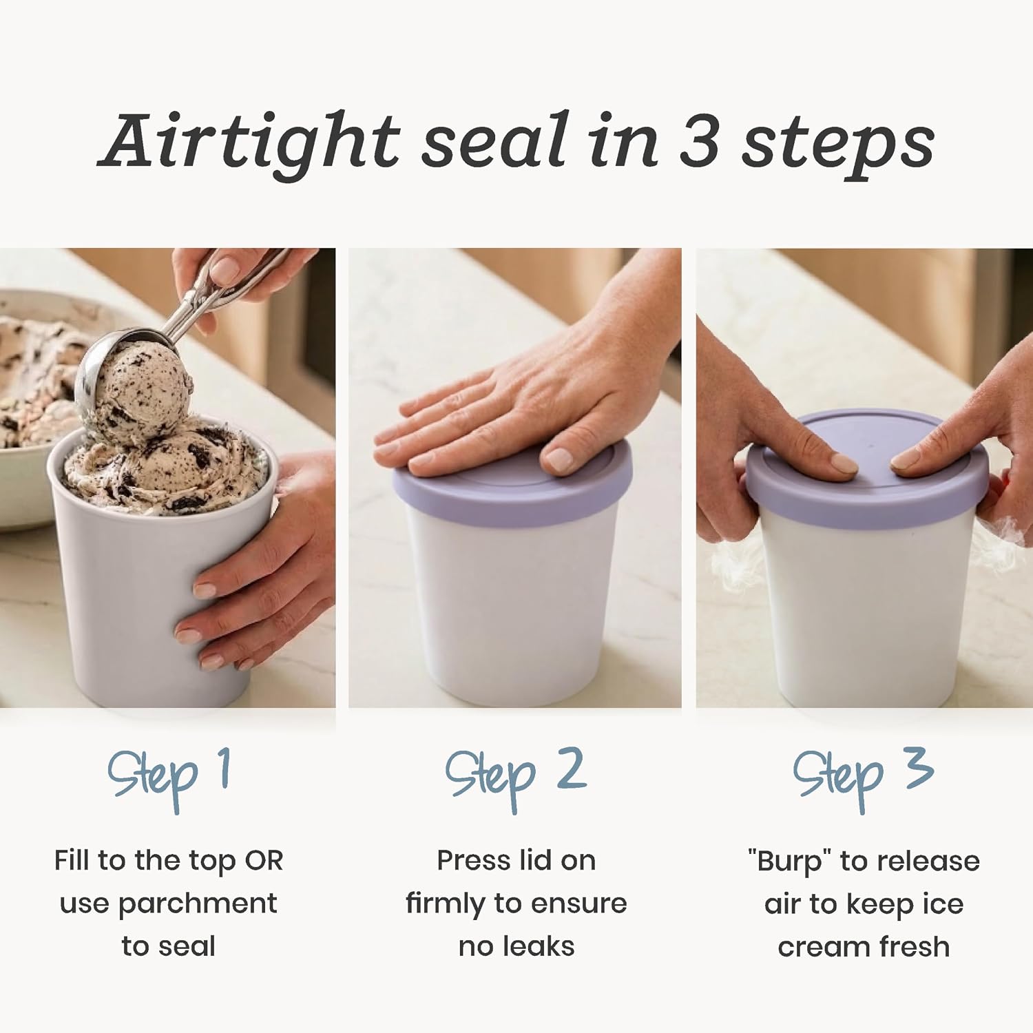StarPack Freeze The Day Homemade Ice Cream Containers (2-Pack, 1 Quart) - Airtight Silicone Lids, BPA-Free Reusable Ice Cream Freezer Containers with Lids, Stackable, Lavender & Mint