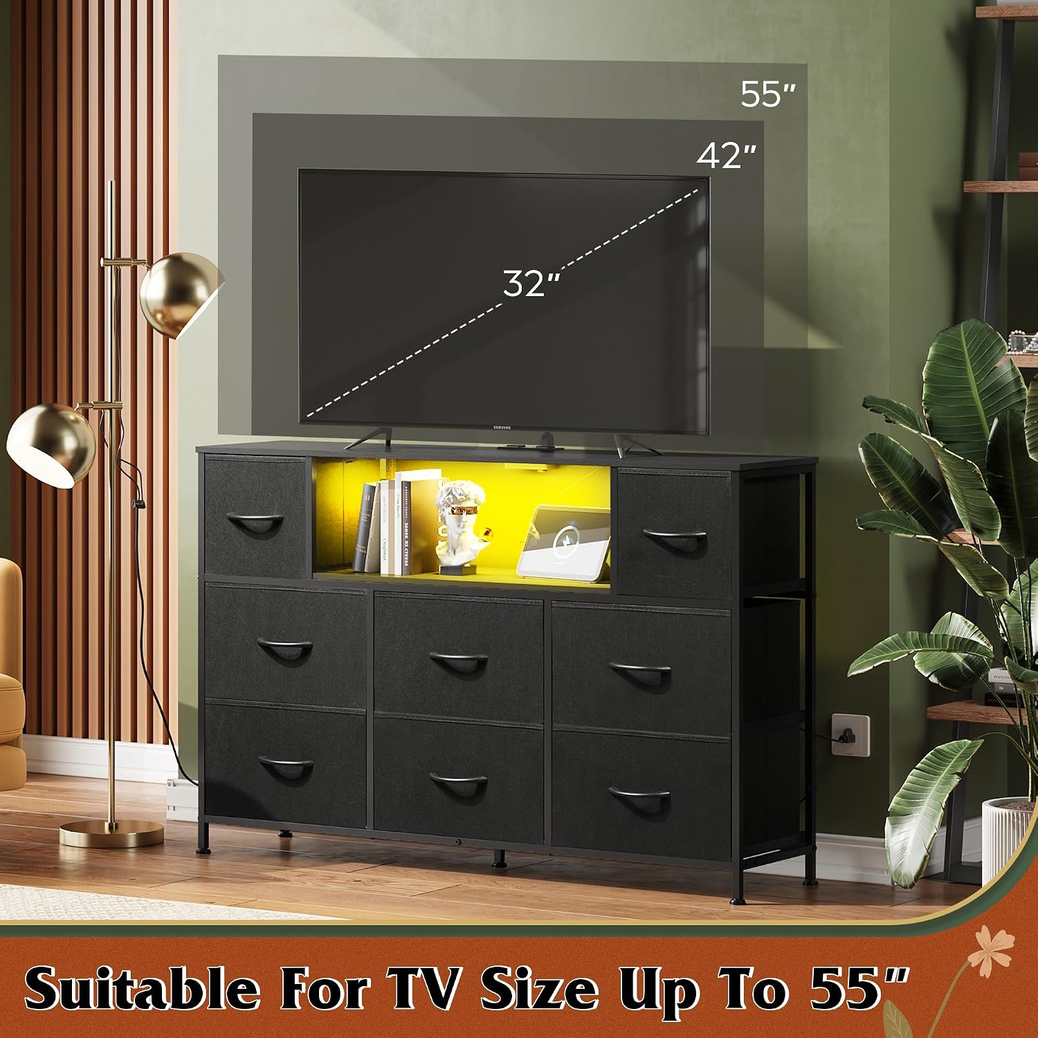 WLIVE LED Dresser TV Stand for 55 Inch TV, 8 Drawers, Black | Fits TVs up to 55 inch, 8 fabric drawers, LED chest of drawers, Built-in power outlet, Living room or bedroom