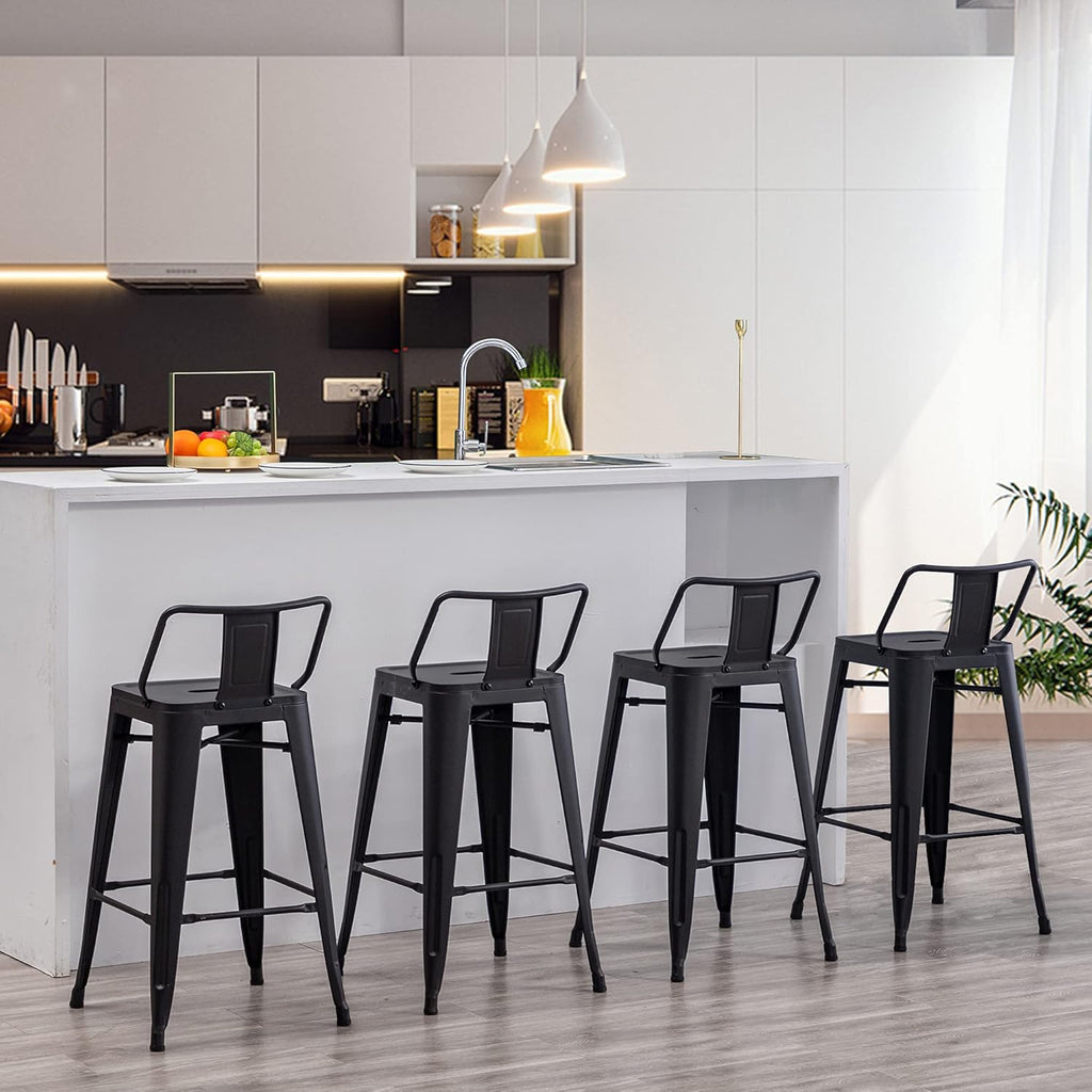 30 inch Metal Bar Stools Set of 4 Bar Height Stools with Backs Industrial Low Back Bar Chairs for Indoor Outdoor Matte Black