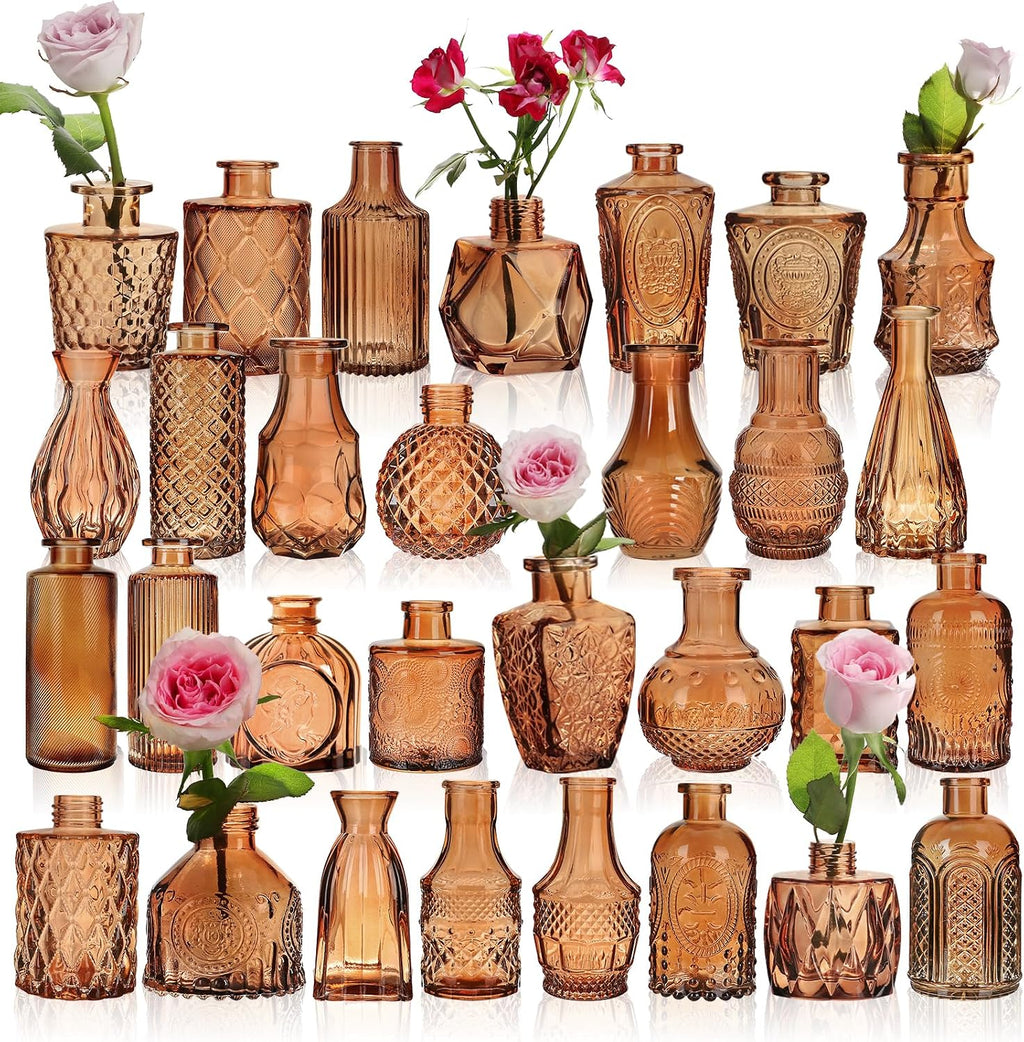 Set of 30 Amber Glass Bud Vases in Bulk,Small Centerpieces Vases for Wedding Centerpieces,Mini Glass Vintage Vase Flower Vases for Table Decor