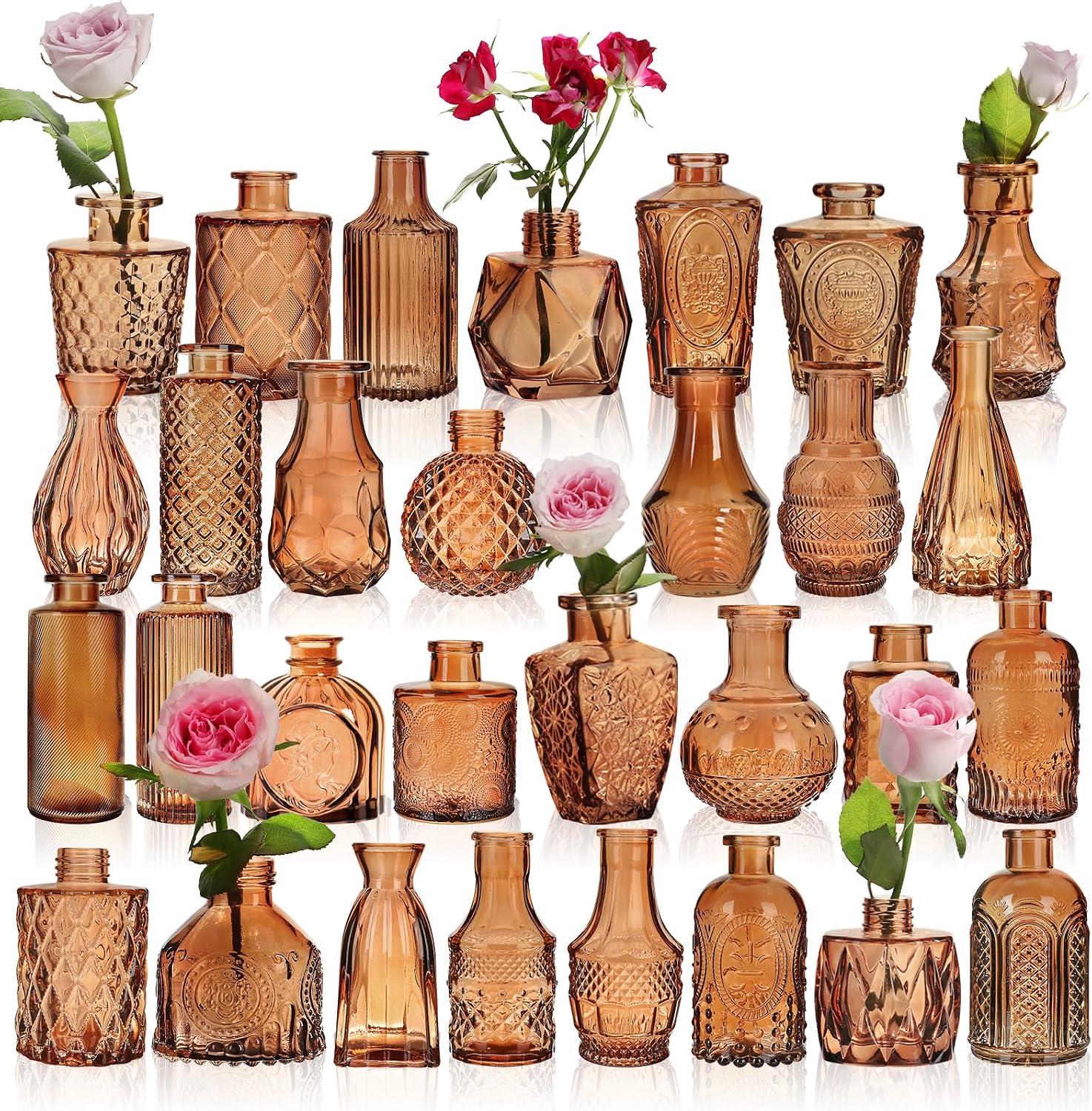 Set of 30 Amber Glass Bud Vases in Bulk,Small Centerpieces Vases for Wedding Centerpieces,Mini Glass Vintage Vase Flower Vases for Table Decor