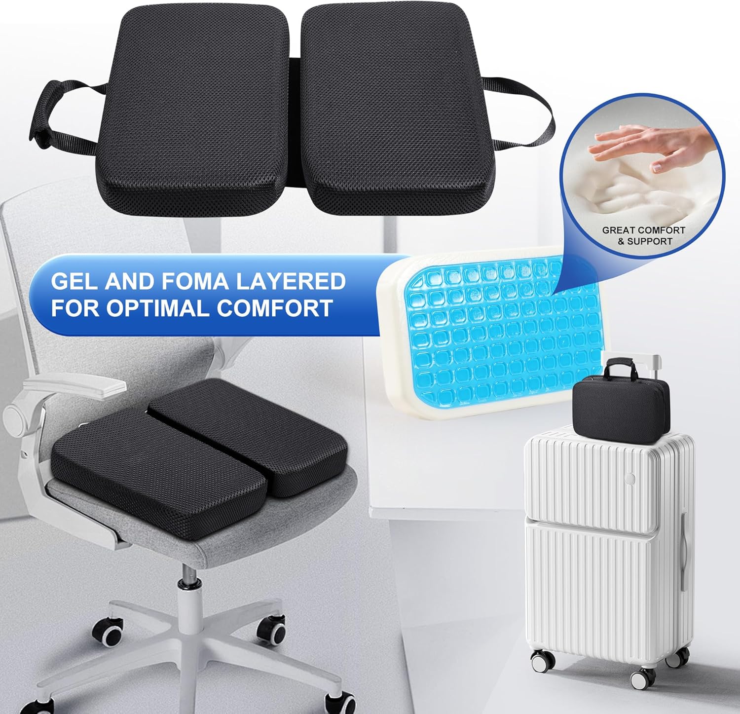 Gel Memory Foam Seat Cushion with Washable Cover Non-Slip Thick Chair Cushion with Portable Handle & Storage Pocket Adjustable Chair Pad for Long Sitting (Black)