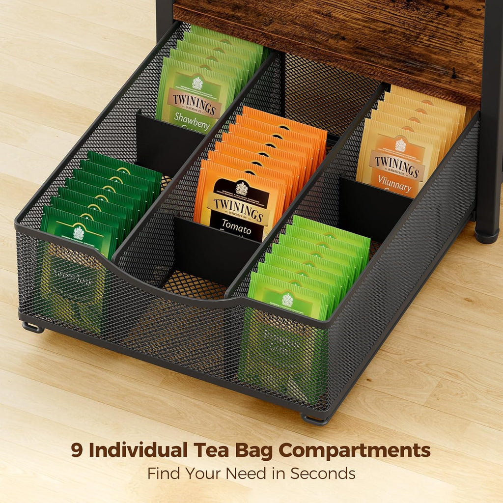 Plaviya 3-Tier Tea Bag Organizer with Drawer for Countertop | Tea Bag Holder and Storage, 9 Compartments, 6 Hooks for Cup, Utility Tea Box, Office, Kitchen, Rustic Brown