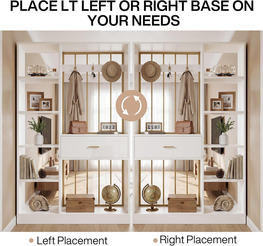 Tribesigns 70.8-Inch Wall Room Divider with Shelves, Modern Freestanding Room Divider with Drawer & Coat Racks, Wood Wall Partition Room Dividers for Room Separation, Home, Office, White & Gold