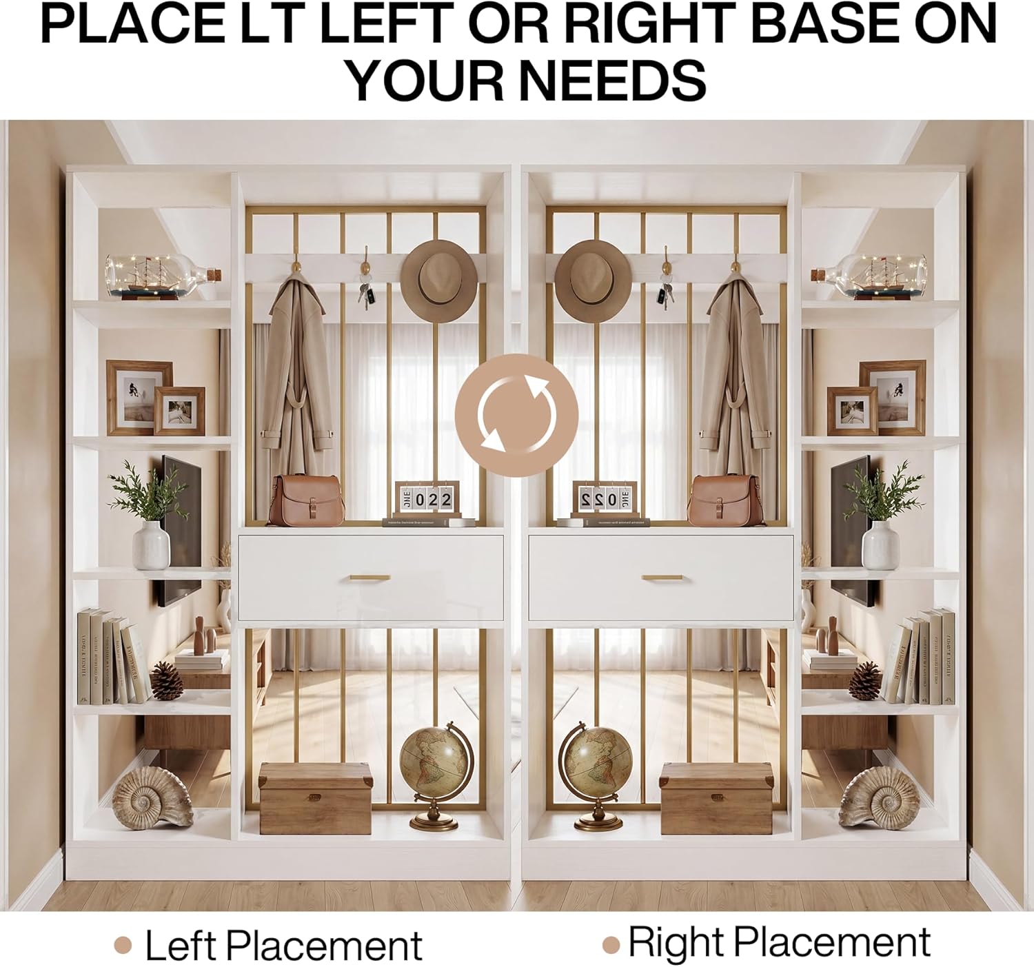Tribesigns 70.8-Inch Wall Room Divider with Shelves, Modern Freestanding Room Divider with Drawer & Coat Racks, Wood Wall Partition Room Dividers for Room Separation, Home, Office, White & Gold