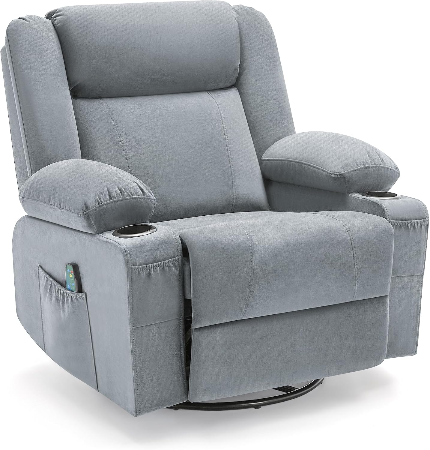 Swivel Rocker Recliner Chair with Heat and 8-Point Massage, Extra Wide Manual Lounge Sofa for Adults, Overstuffed Living Room Chair with 2 Cup Holders 4 Pockets & Remote (-Grey)