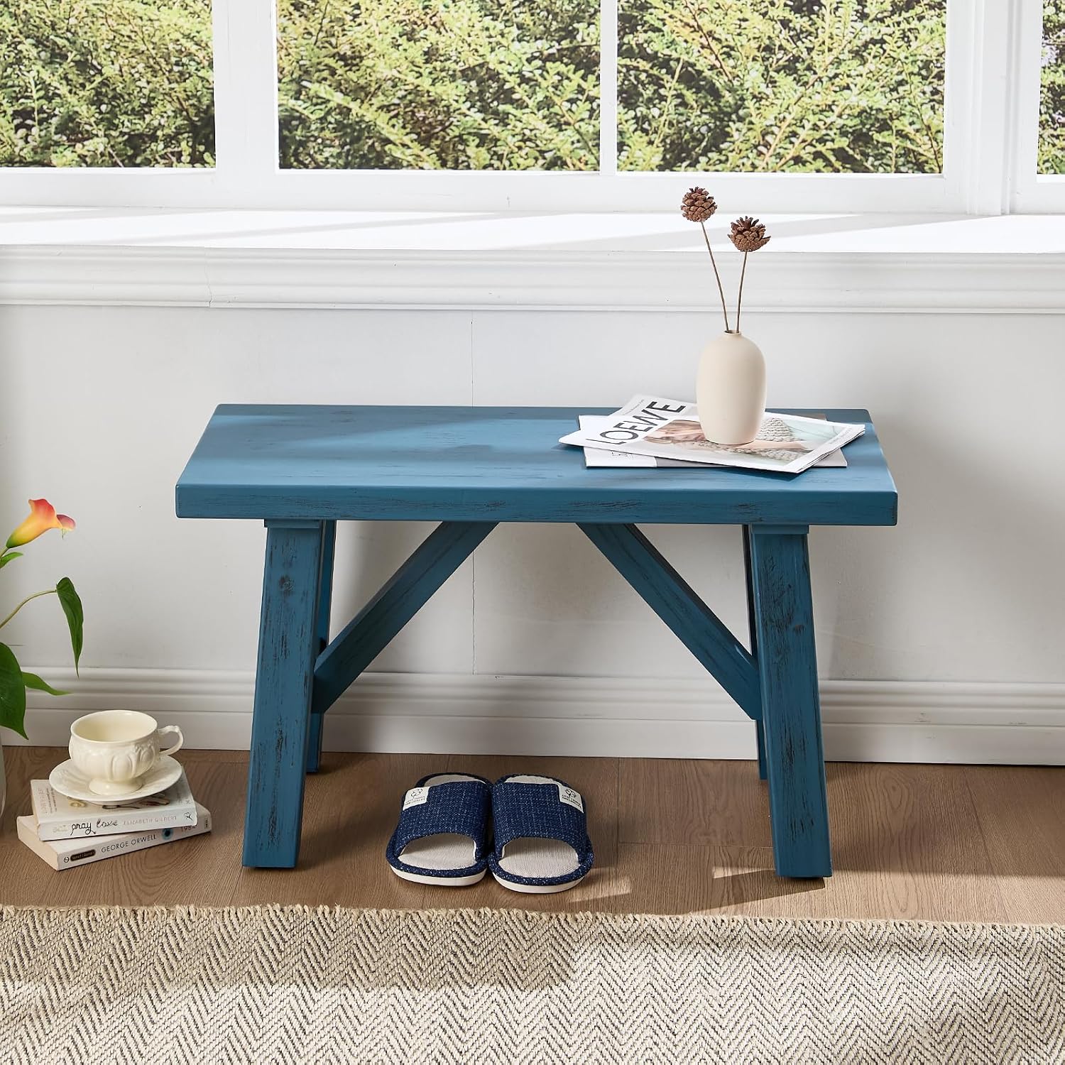 30" Farmhouse Entryway Bench, Rustic Solid Wood Dining Room Bench Small Entryway/Hallway Bench for Indoors Entry Way Seating for Living Room, Hallway, Porch, Easy Assembly, Blue