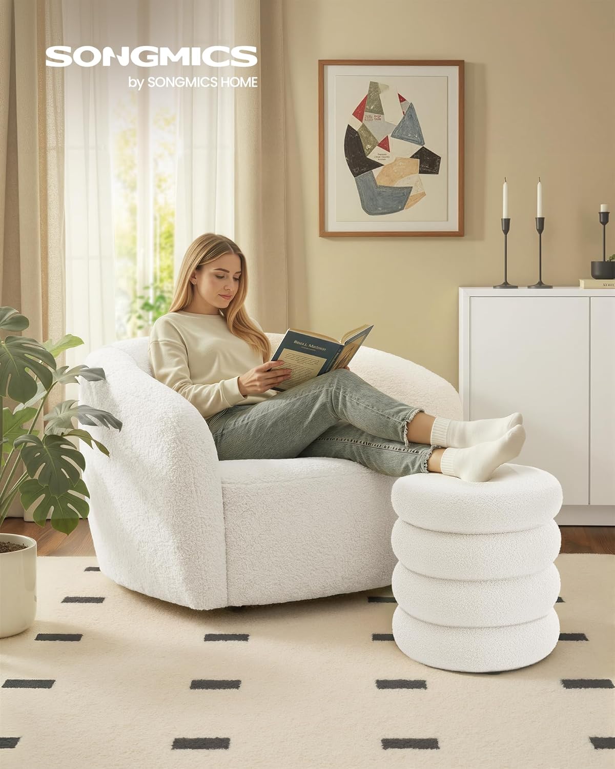 SONGMICS Vanity Stool, Round Ottoman with Storage, Upholstered Foot Stool, Removable Lid, for Living Room, Bedroom, Easy Assembly, 16.9 x 16.9 x 18.5 Inches, Teddy Fleece, White ULOM015WD01