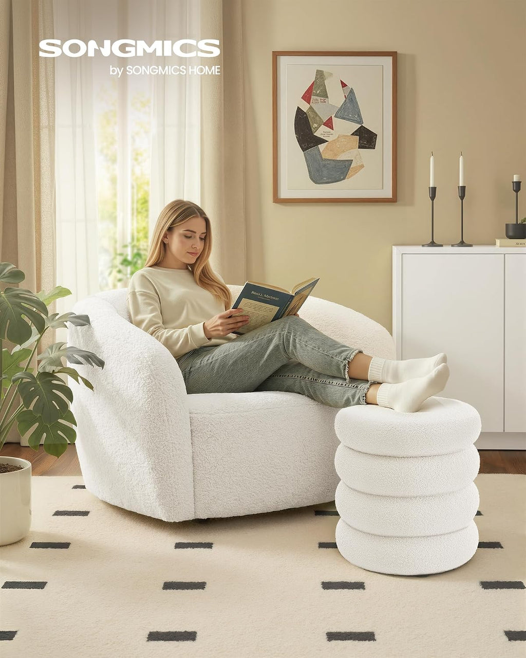 SONGMICS Vanity Stool, Round Ottoman with Storage, Upholstered Foot Stool, Removable Lid, for Living Room, Bedroom, Easy Assembly, 16.9 x 16.9 x 18.5 Inches, Teddy Fleece, White ULOM015WD01