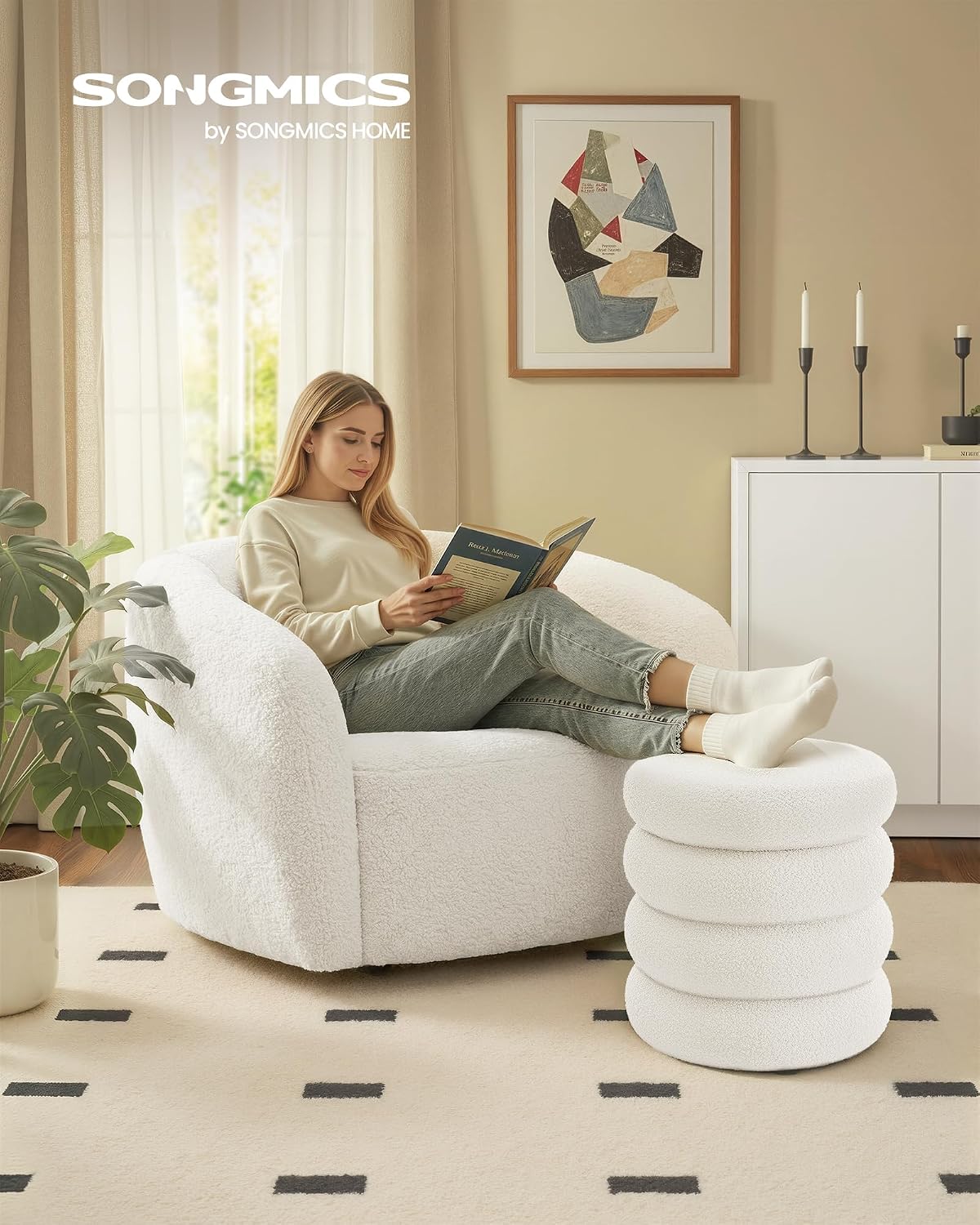 SONGMICS Vanity Stool, Round Ottoman with Storage, Upholstered Foot Stool, Removable Lid, for Living Room, Bedroom, Easy Assembly, 16.9 x 16.9 x 18.5 Inches, Teddy Fleece, White ULOM015WD01