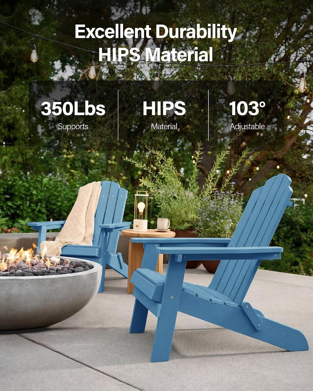 MXIMU Folding Adirondack Chair for Outdoor: Easy to Assemble and Comfortable Adirondack Chairs Set of 2 - All Weather Composite Plastic Chair for Outside Fire Pit Patio Lawn Garden Backyard Use(Navy)