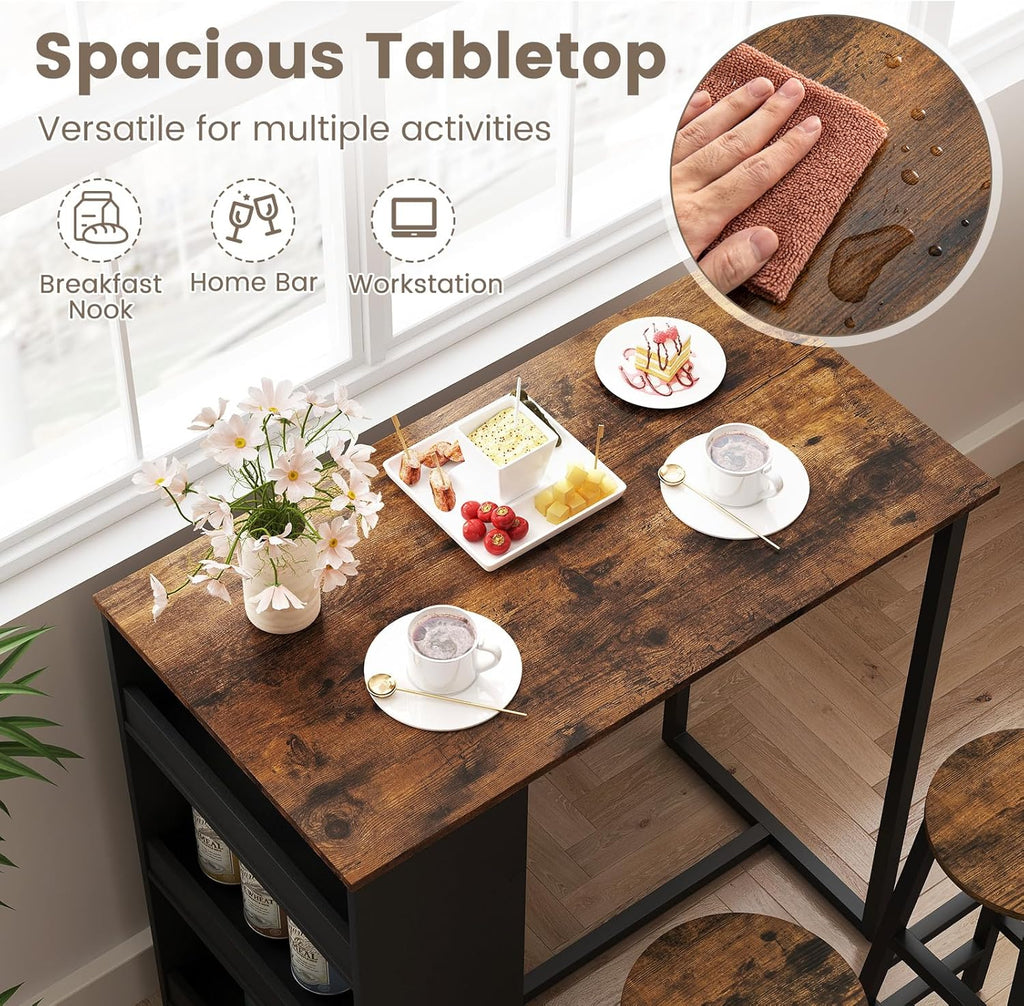 COSTWAY 3-Piece Bar Table Set, 36" Counter Height Breakfast Table with 3 Storage Shelves & 2 Round Stools, Rectangular Kitchen Table Set for 2, for Dining Room, Living Room, Rustic Brown and Black