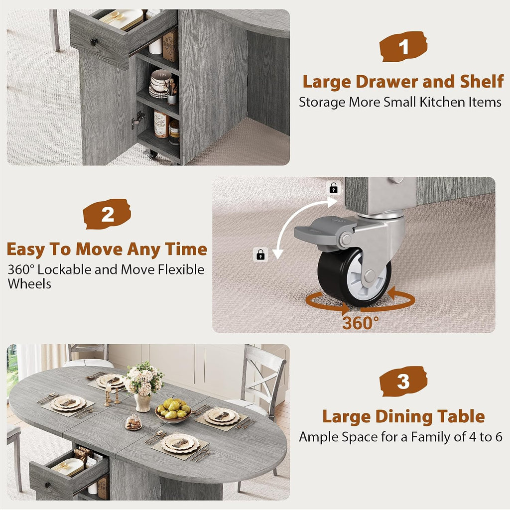 Jocoevol Round Folding Dining Table for 4, Space Saving Drop Leaf Kitchen Table with Storage Drawer, 6 Wheels Oval Gateleg Foldable Dining Table for Small Spaces(Grey 47 * 23.6 * 30)