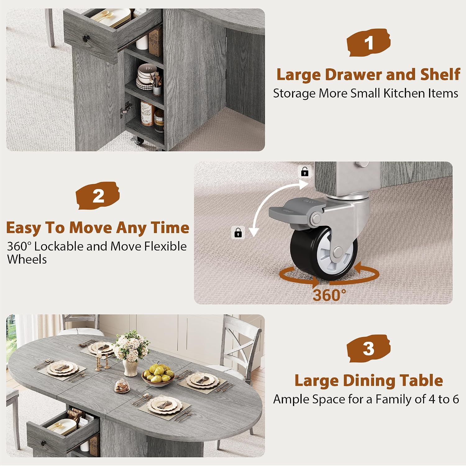 Jocoevol Round Folding Dining Table for 4, Space Saving Drop Leaf Kitchen Table with Storage Drawer, 6 Wheels Oval Gateleg Foldable Dining Table for Small Spaces(Grey 47 * 23.6 * 30)