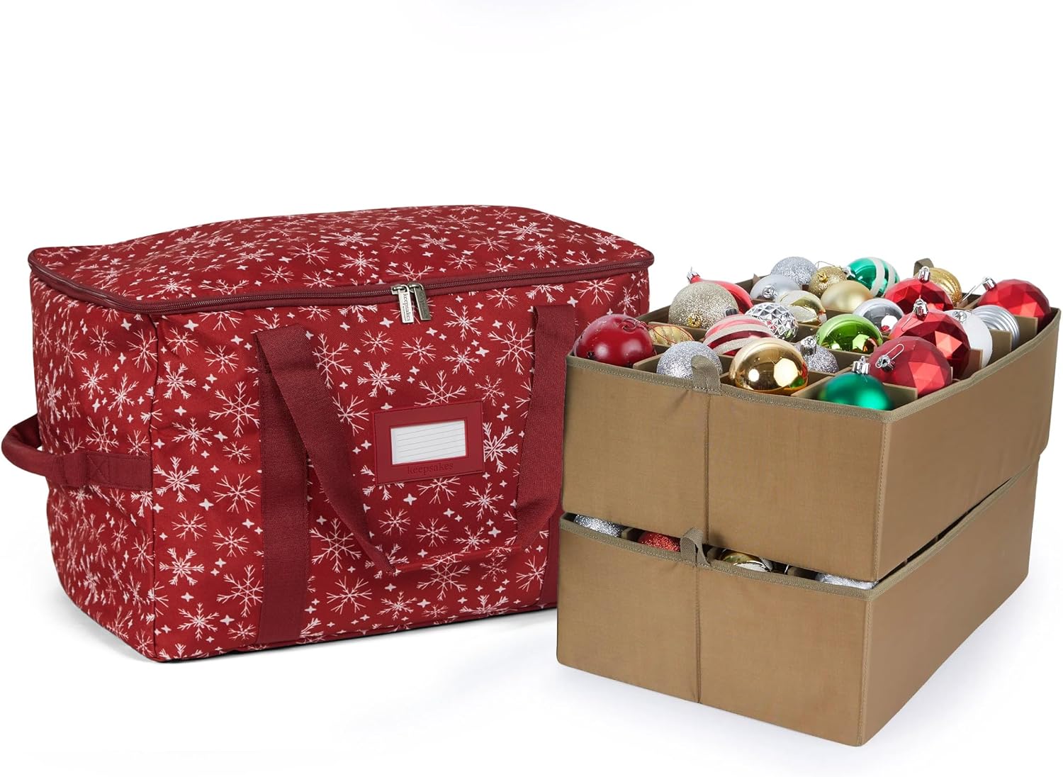 Covermates Keepsakes Adjustable Ornament Storage Bag – Heavy-Duty Polyester, Padded Dividers & FlexGrid Trays – Protective Holiday Ornament Organizer with Handles & Label Window, Red Snowflake