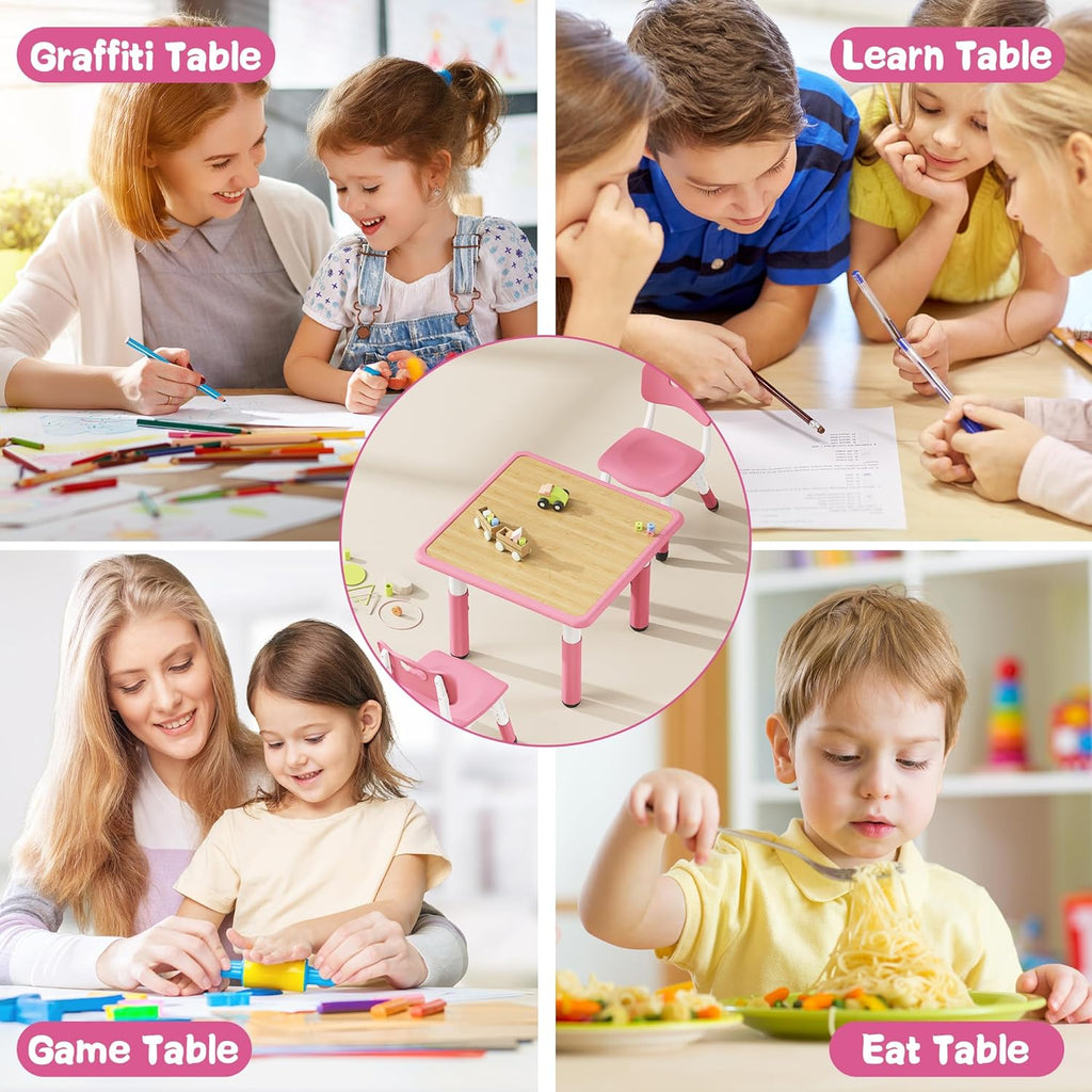 Brelley Kids Table and 2 Chairs Set, Height Adjustable Toddler Desk and Chair Set, Graffiti Desktop, Classroom/Daycare/Home, Children Multi-Activity Table for Ages 3-8