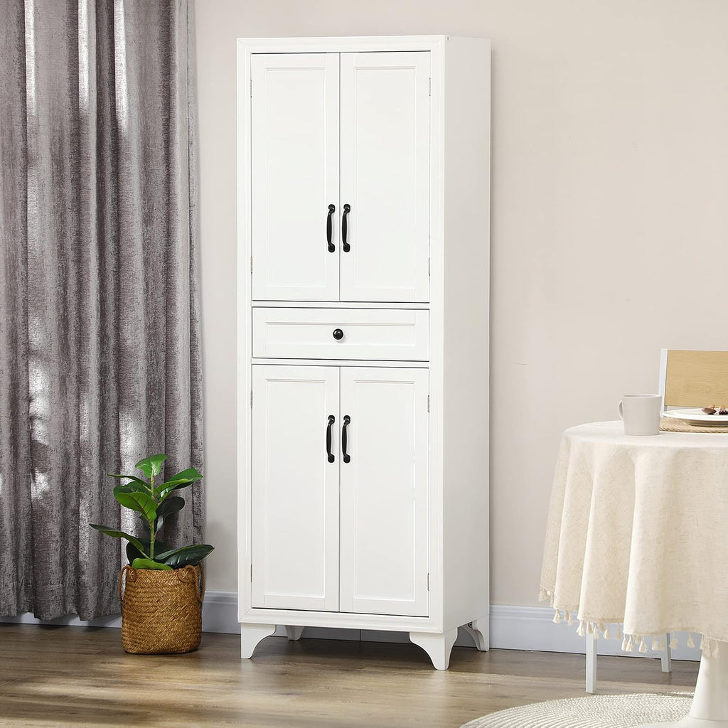 67" Tall Kitchen Pantry Cabinet, 4-Door Storage with Drawer & Adjustable Shelves, Stylish White Cabinet for Dining Room