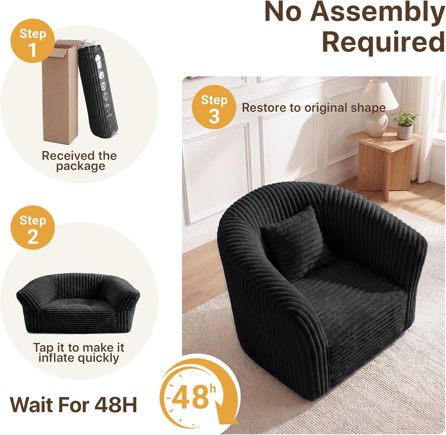Claiks Boneless Chair Comfy Cloud Couch Corduroy Single Sofa Oversized Accent Chair for Adults Couches for Living Room Bedroom Apartment Small Spaces, Black
