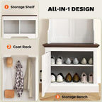 HOMCOM 3-in-1 Hall Tree with Shoe Storage, Shoe Bench, White Wood Grain | Standing Coat Rack, Entryway Furniture, Three Hooks