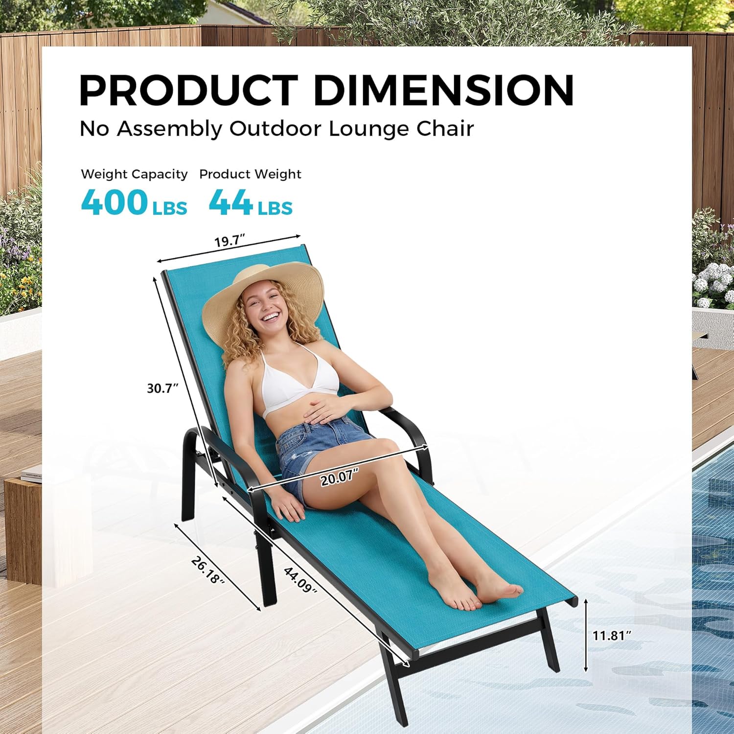 Garvee Outdoor Lounge Chair, Adjustable Patio Reclining Chaise with Textilene Fabric, Pool Lounge Chair with 5-Position Backrest for Patio, Garden, Poolside & Balcony,Sky Blue Set of 4