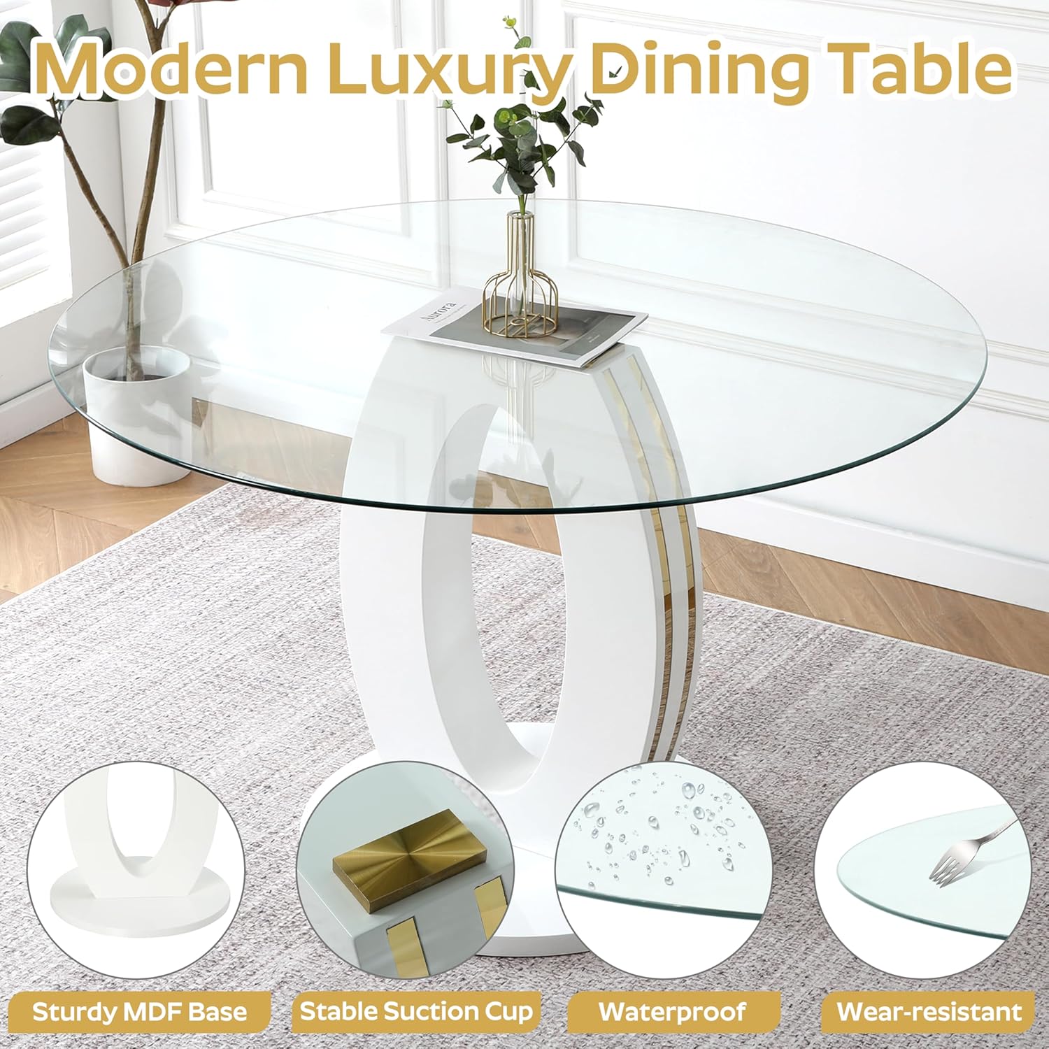 RGZ Modern 39" Clear Glass Round Dining Table Set, 5 PCS Luxury Circle Glass Top Kitchen Table with Gold Decorative Strips & 4 Beige High-end Tufted Chairs for Apartment Home Dining(White Base)