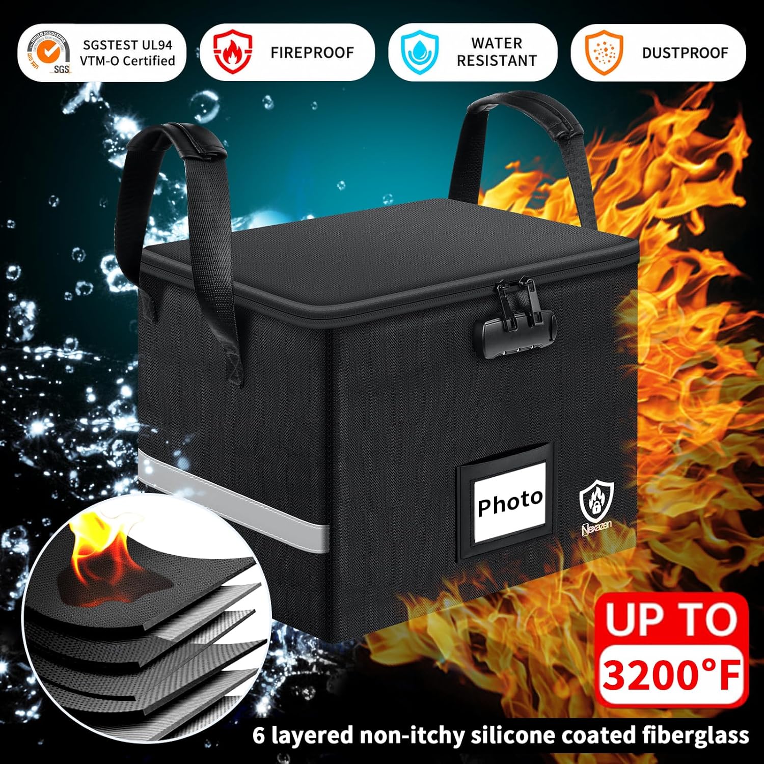 Fireproof Photo Storage Box with Lock, Holds 36 Inner 4"x6" and 3 Large 8"x12" Photo Cases, Waterproof Picture File Organizer, Portable Photos Boxes Containers for Valuables, Photos, Crafts, Documents