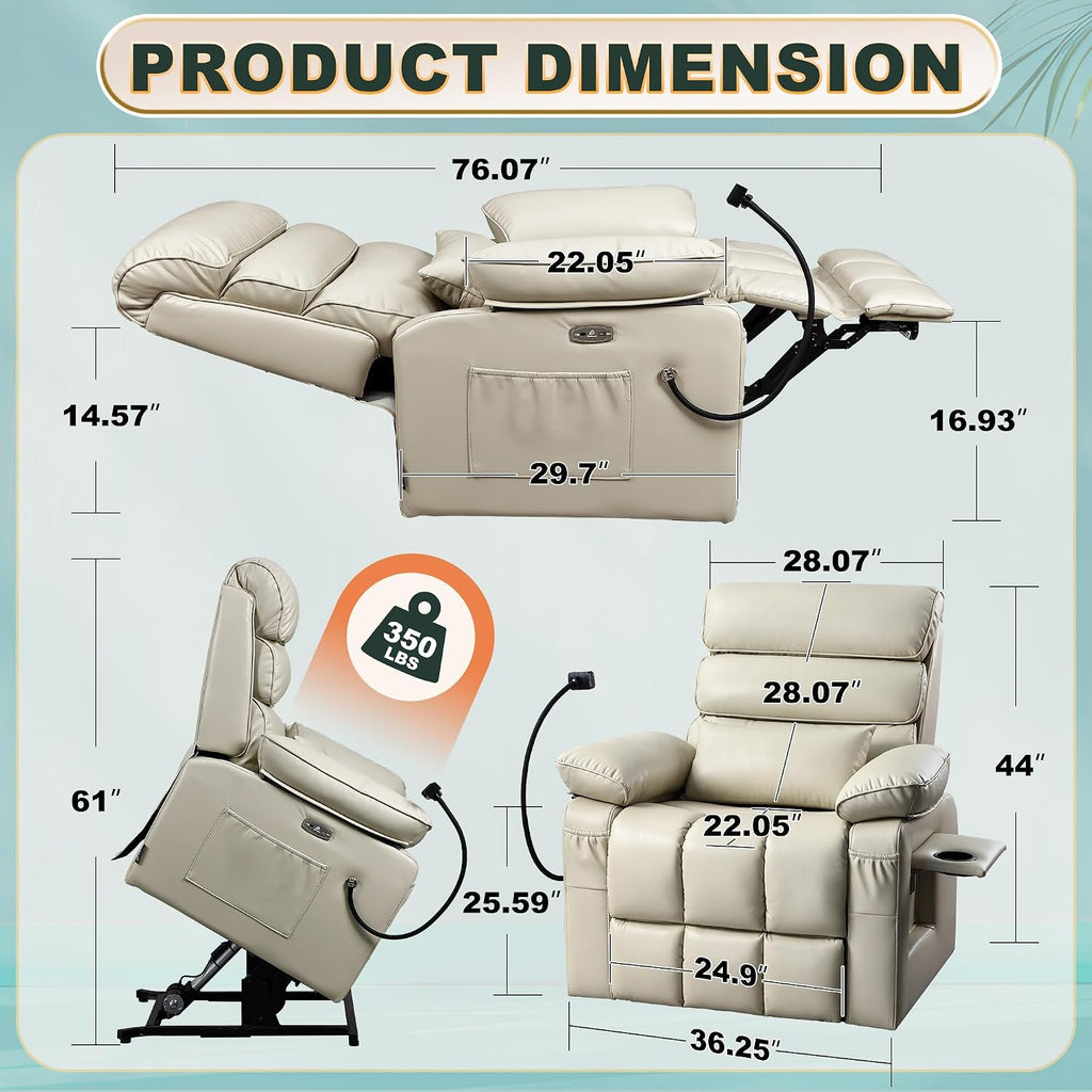 Dual Motor Recliner Chair with Heat & Massage,Faux Leather Power Lift Recliner Chair for Elderly,Cup Holder Tray,Phone Holder,Detachable Armrests,USB & Type-C Ports,Pillow(White Leather)