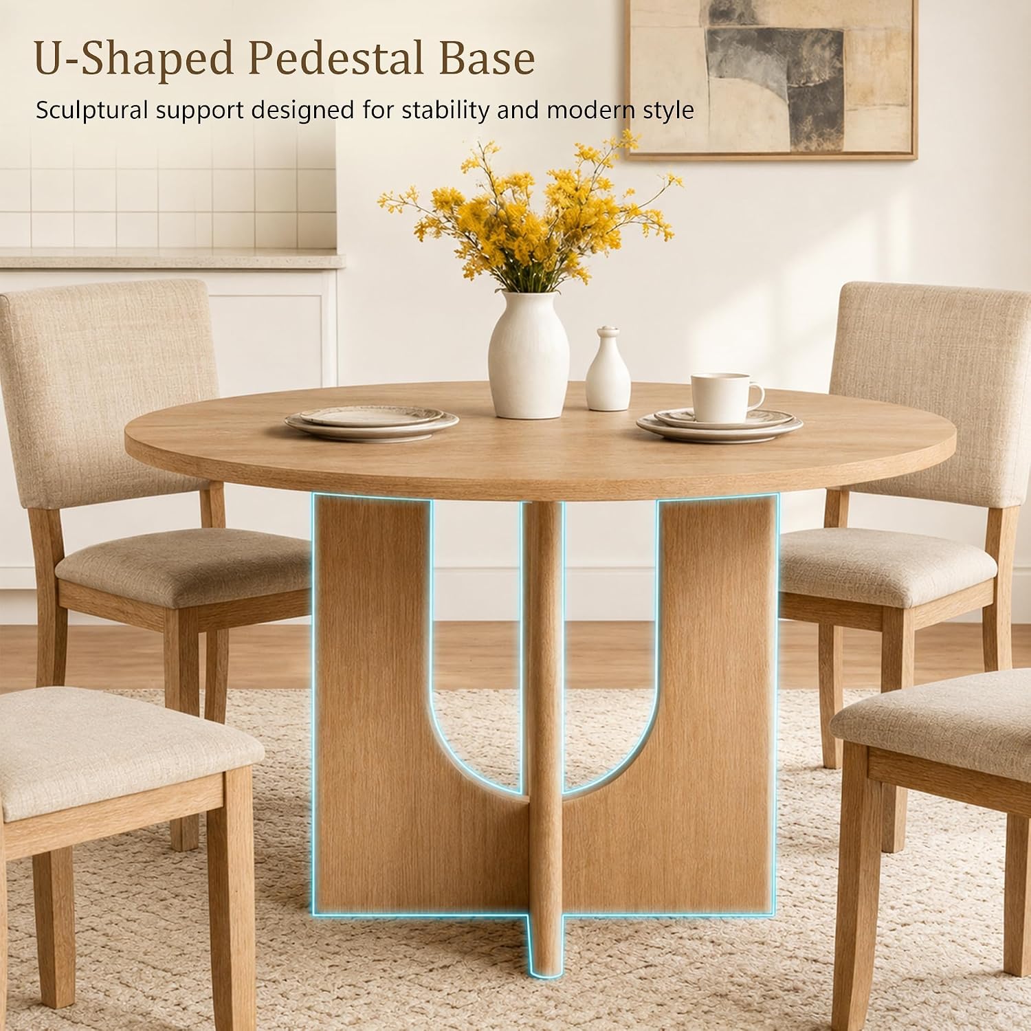 47” Round Dining Table for 4-6, U-Shaped Legs, Wood Modern Kitchen Table for Dining Room, Apartment, Living Room Furniture, Natural