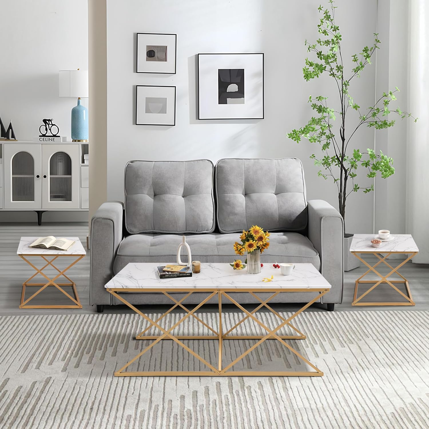 unipaws Modern Nesting Coffee Table Set of 3, Faux Marble Top with Golden Frame, Coffee Table with 2 Square End Side Tables, Perfect for Living Room, Apartment, Office