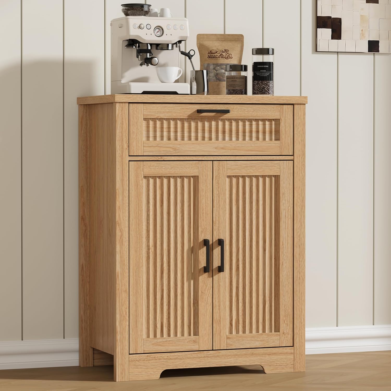 Buffet Cabinet with Storage Drawer, Farmhouse Coffee Bar Table with Storage Drawer and Adjustable Shelf, Small Fluted Sideboard Cabinet for Kitchen, Dining Room, Living Room, Entryway, Natural Oak