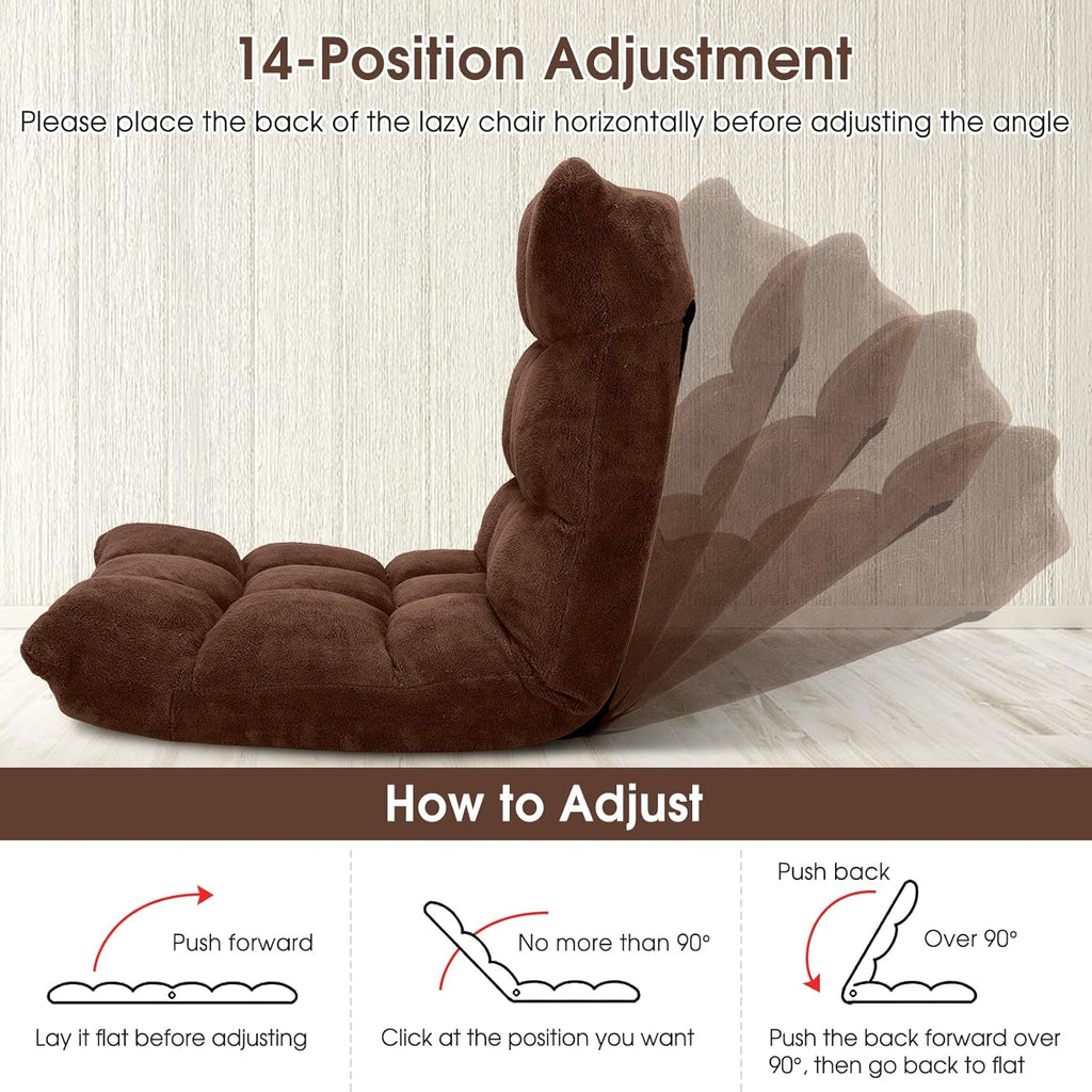 14-Position Adjustable Floor Chair, Folding Gaming Sofa Chair with Back Support, Padded Floor Gaming Chair for Adults, Sleeper Lounge Couch Recliner for Reading Gaming Meditation (Brown)