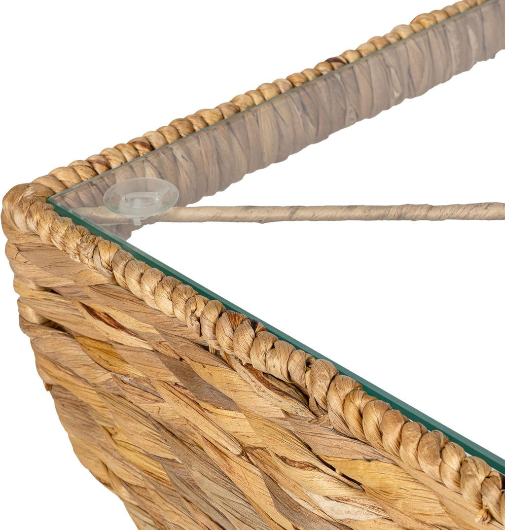 JONATHAN Y Suraya Woven Water Hyacinth Side Table with Glass Top, 23" Hourglass End Table with Storage Shelf for Living Room, Bohemian Accent Nightstand, Fully Assembled, Natural TBL2506A