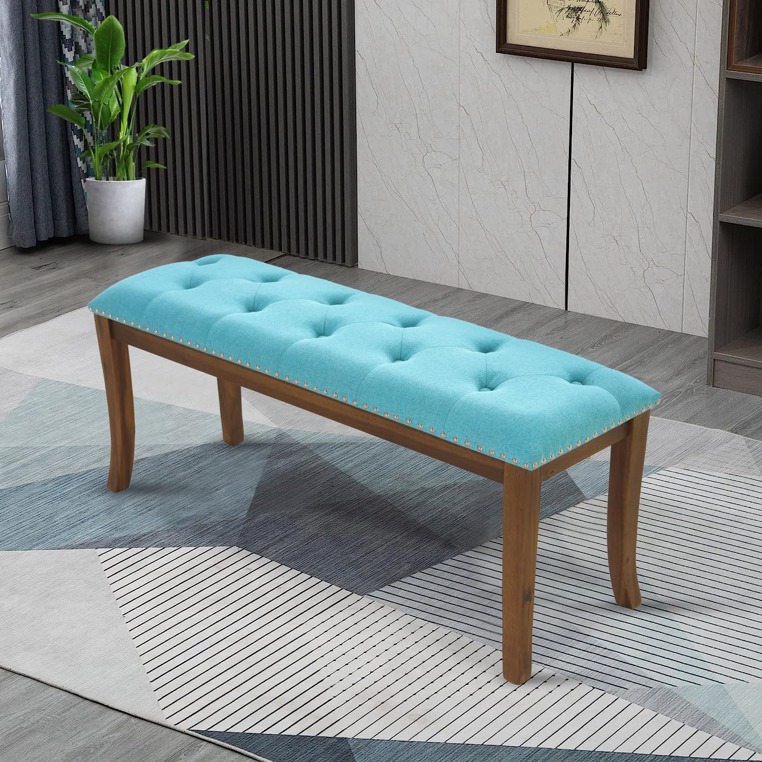 MFSTUDIO 44" Vintage Tufted Entryway Bench, Extra Large Memory Foam Upholstered Wood Ottoman Bench Dining Bench, Rectangle Tufted Fabric Bench for Living Room Hallway, Light Blue Cushion