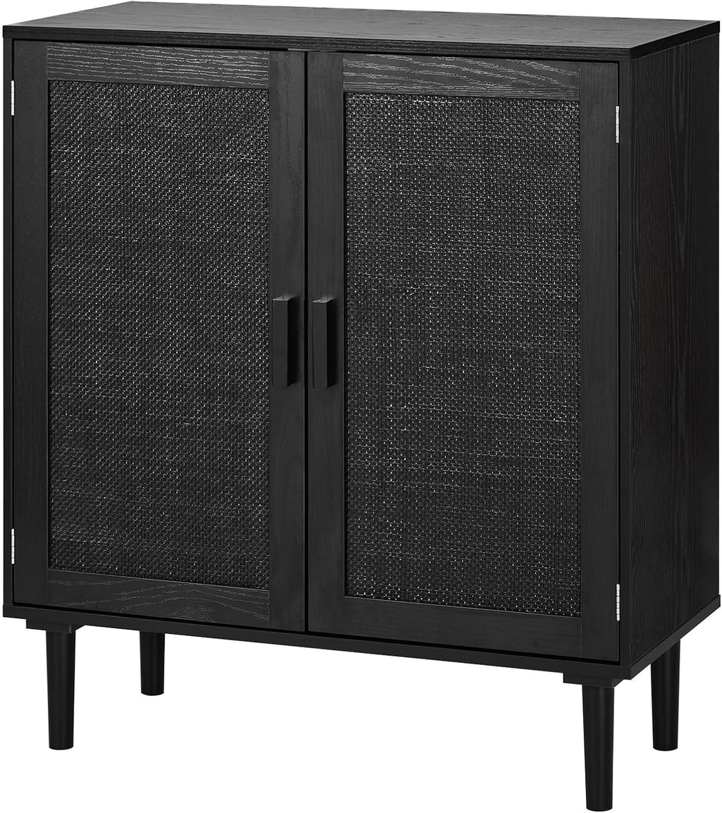 VEVOR Buffet Cabinet, Rattan Sideboard Cabinet with 2 Magnetic Doors and Adjustable Shelves, Accent Sideboard Buffet with Wooden Legs & Power Cord Hole for Hallway, Entryway, Kitchen, Black