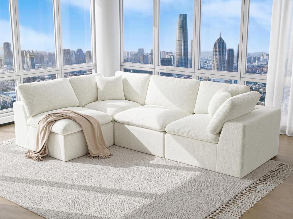 113” Cloud Couch 丨 Modular Sectional Couches for Living Room 丨 L Shaped Boneless Couch with Nice Back Support 4 Seater Warm White Chenille