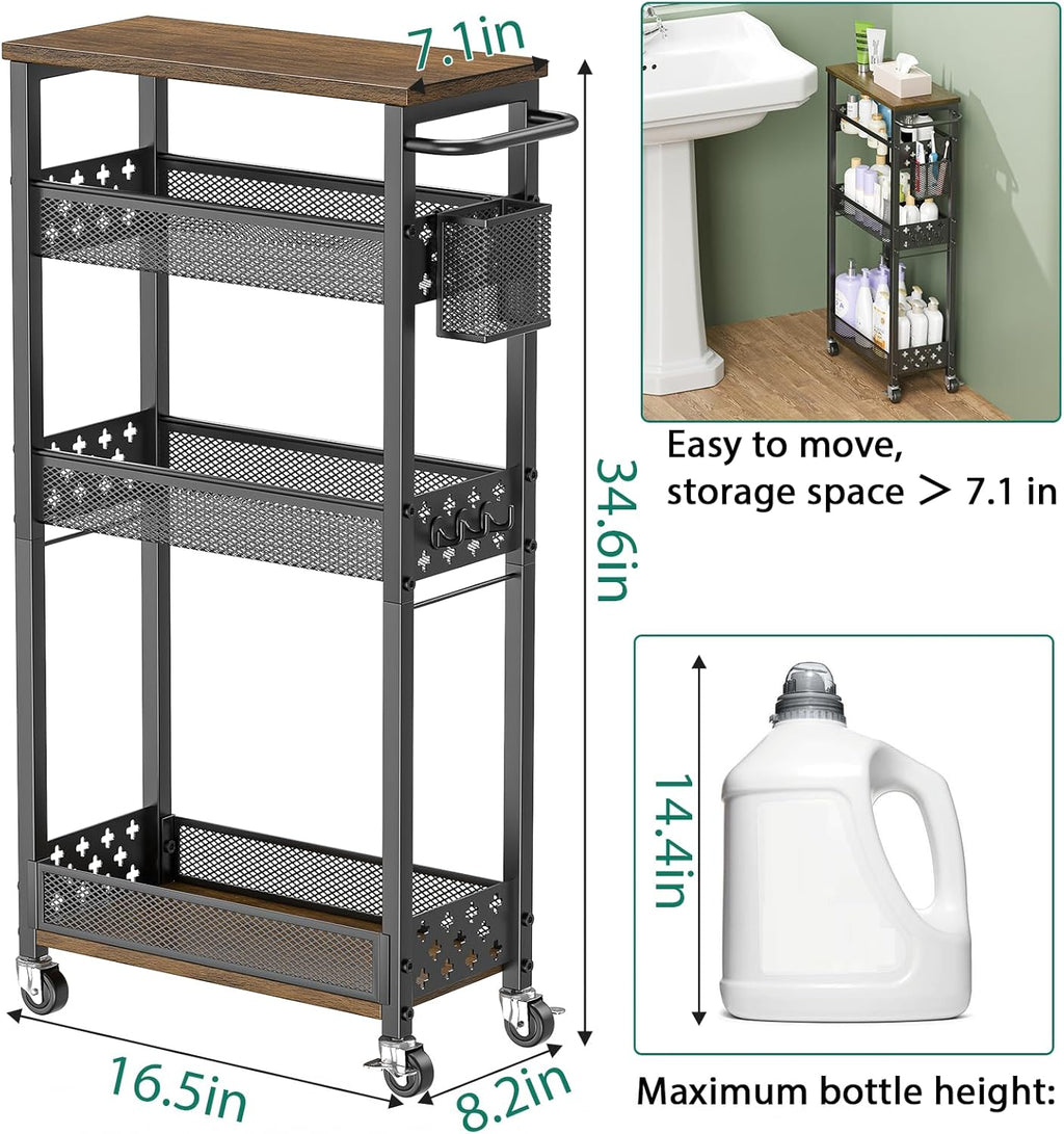 XYZLVSI Slim Storage Cart 4 Tier Laundry Cart with Wheels, Narrow Metal Kitchen Rolling Carts Bathroom Organizers Storage Shelf with Wood Rack and Handle for Small Space