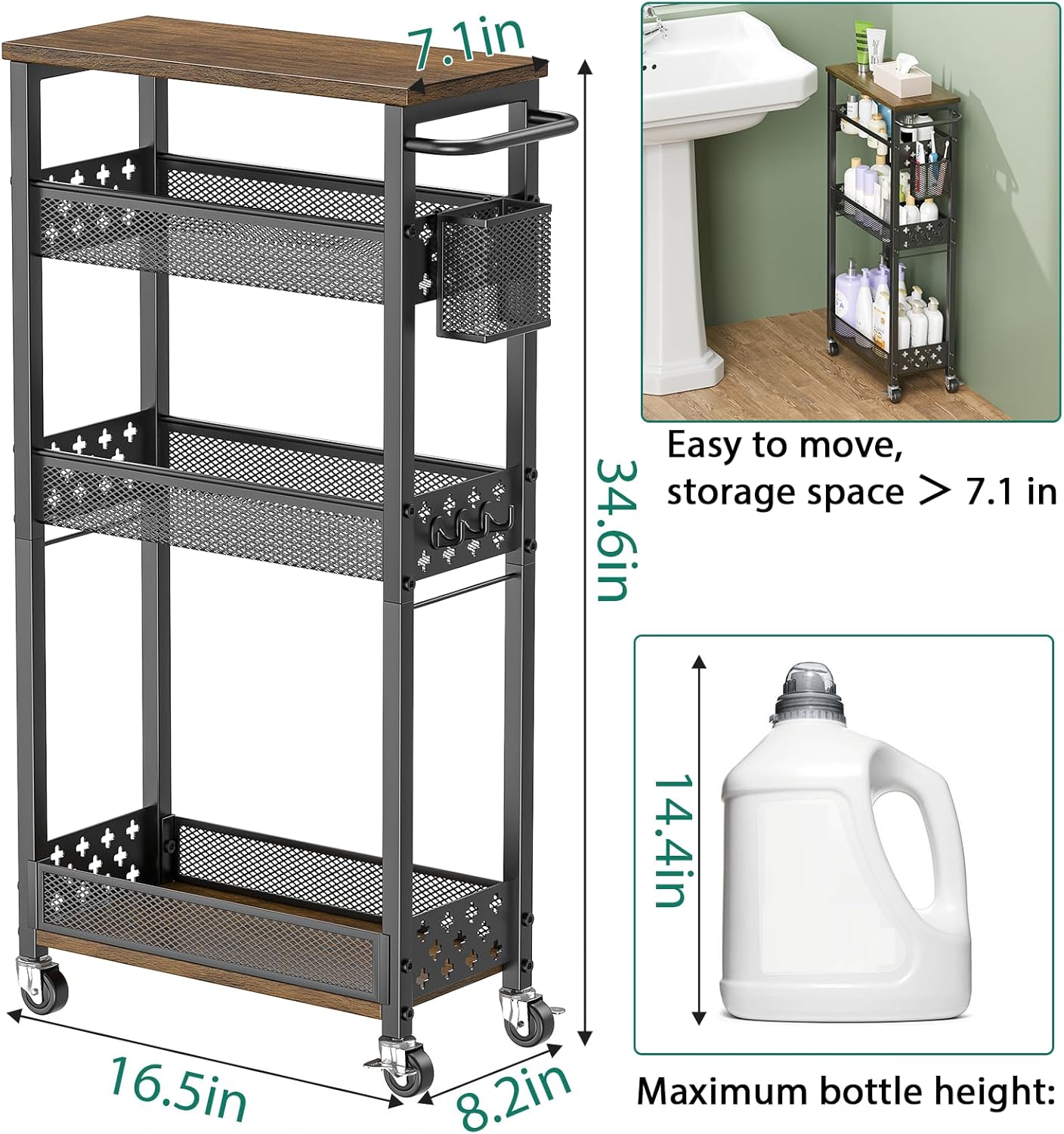 XYZLVSI Slim Storage Cart 4 Tier Laundry Cart with Wheels, Narrow Metal Kitchen Rolling Carts Bathroom Organizers Storage Shelf with Wood Rack and Handle for Small Space